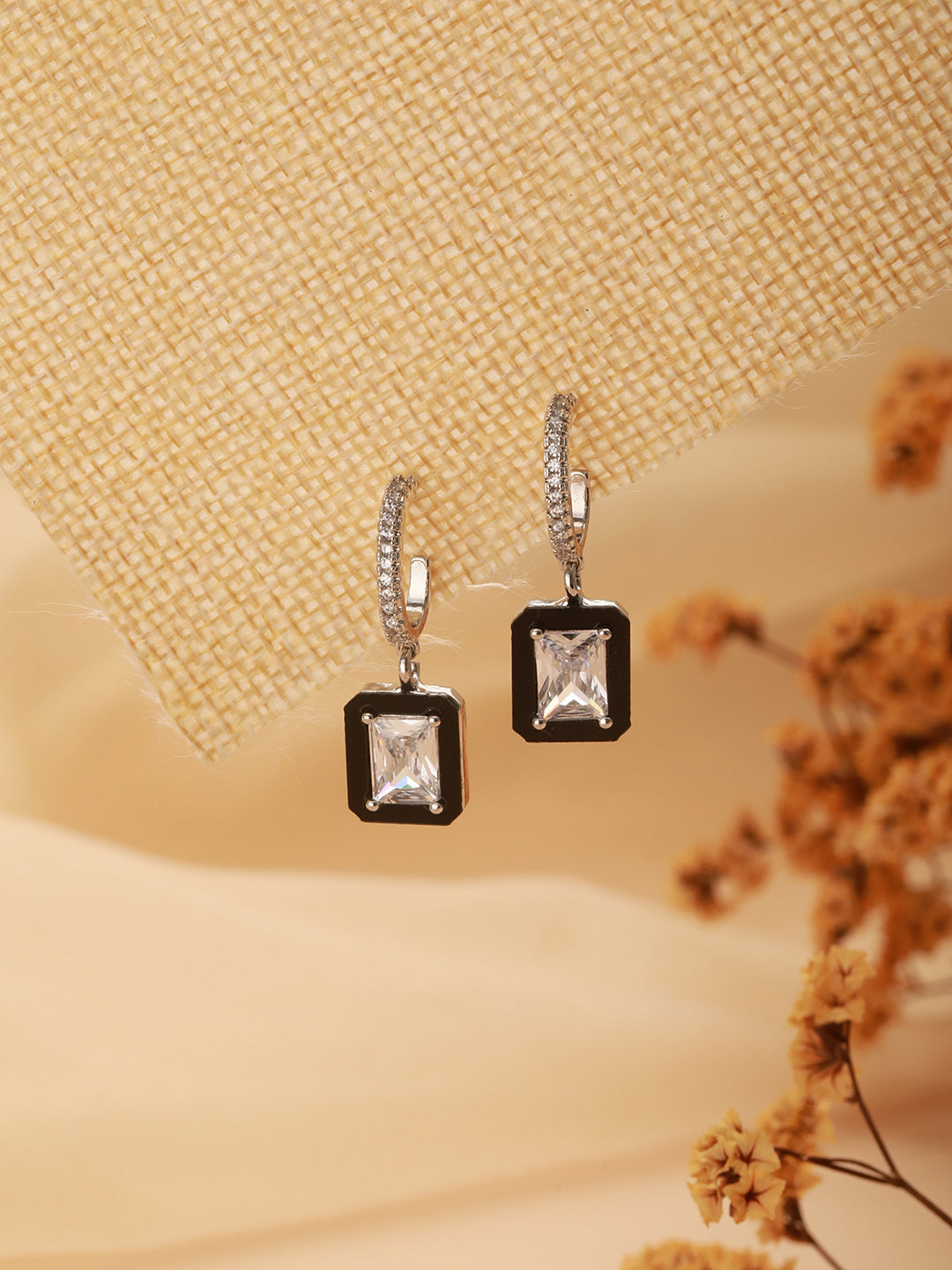 Anti-Tarnish Silver Plated Black Geaometric Hoops Minimal Dropdown Earrings