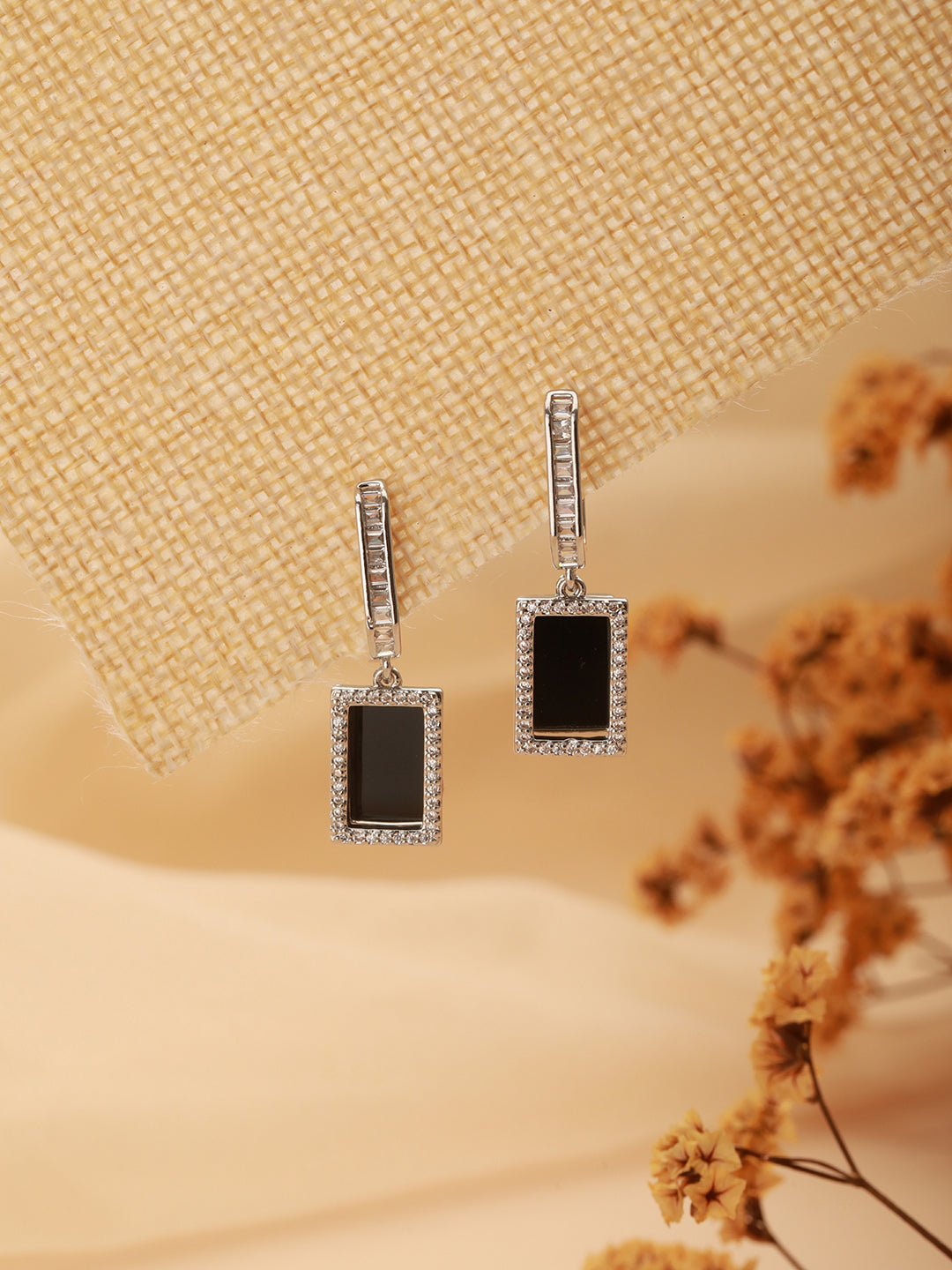 Anti-Tarnish Silver Plated Black J Shaped Square Shaped Minimal Earrings