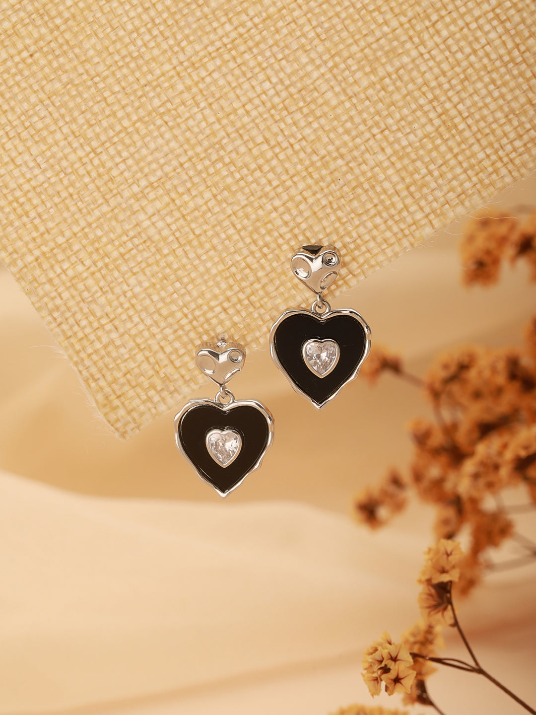 Anti-Tarnish Silver Plated Black Enamelled Heart Shaped Minimal  Drop Down Studs Earrings