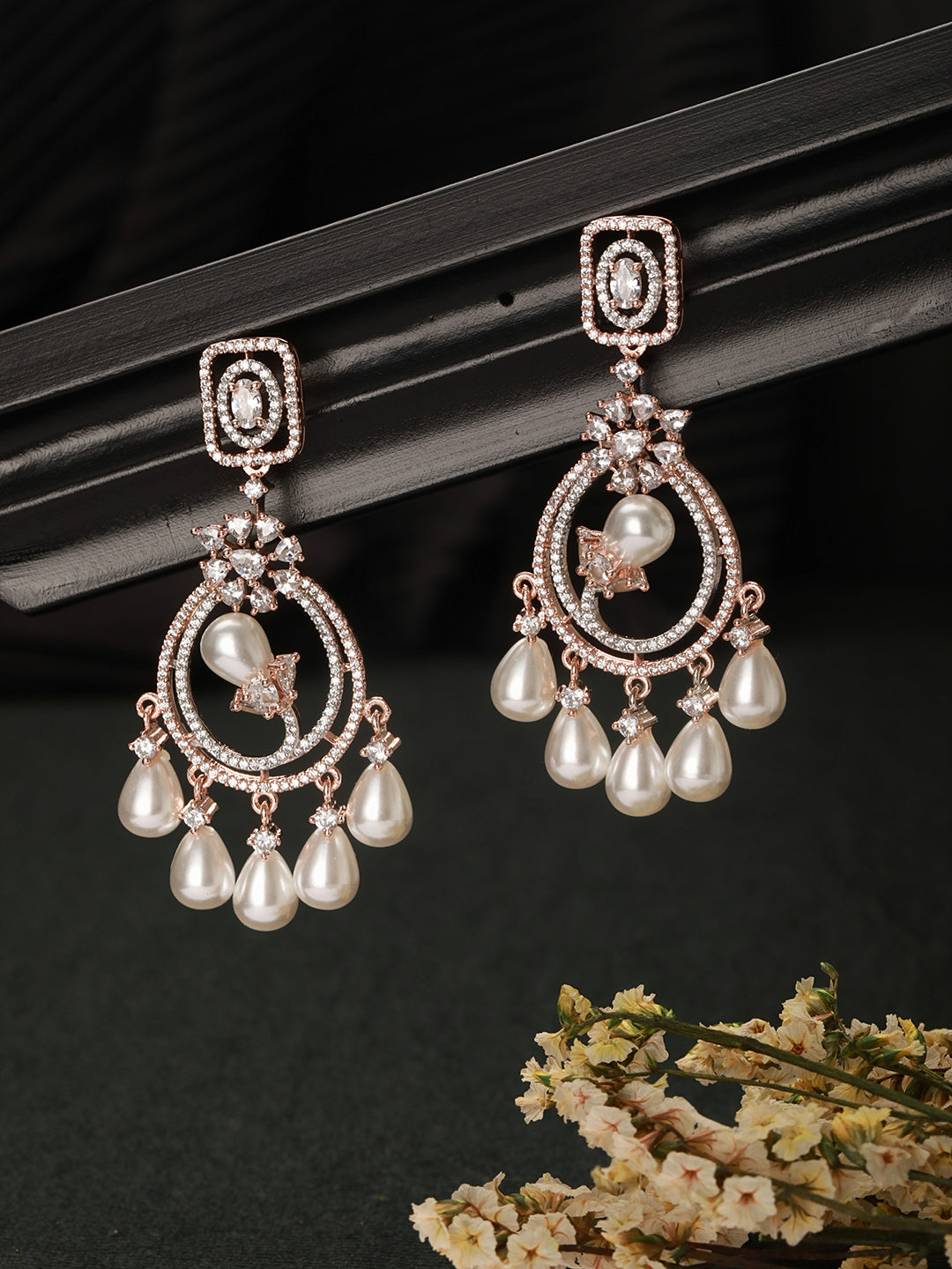 Rose Gold Platedd Zircon Studded Pearl Beaded Luxe Contemporary Chandbali Earrings