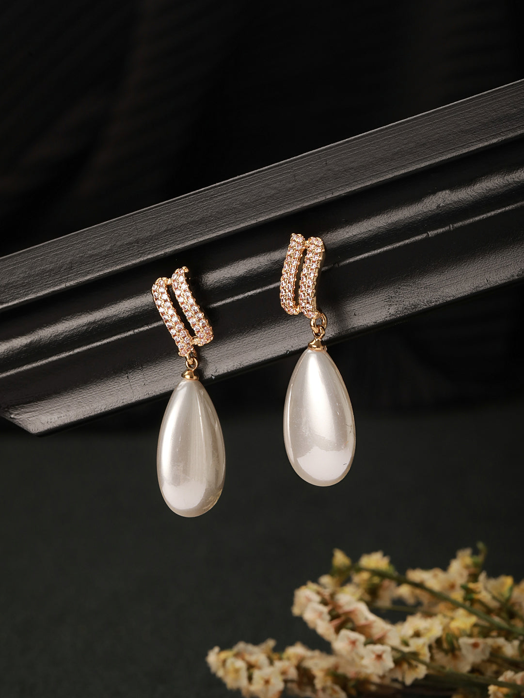 Gold Plated Tear Drop Pearl Studded Luxe  Minimal Drop Earrings