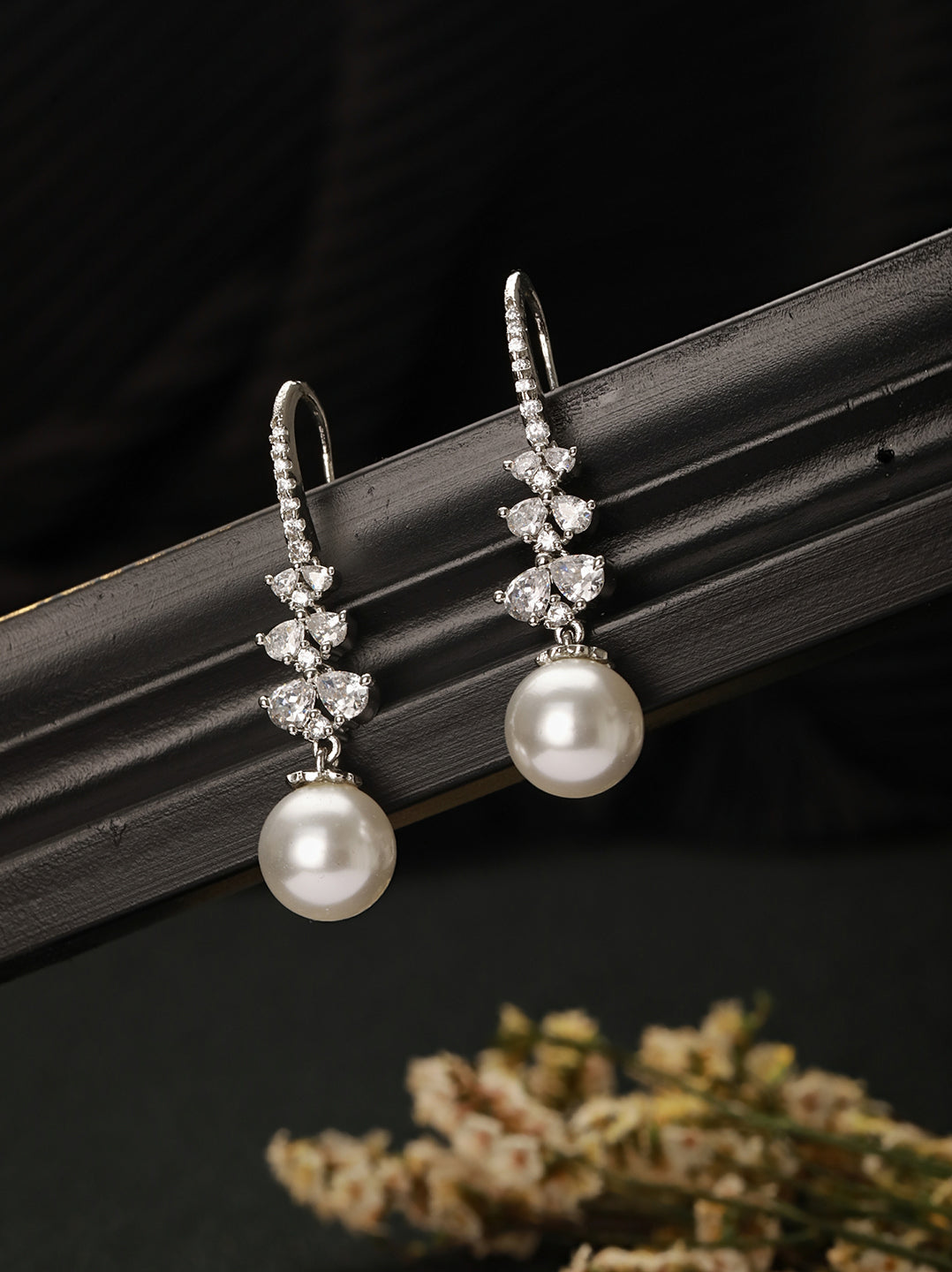 Silver Plated AD Studded Delicate Pearl Hook  Earrings