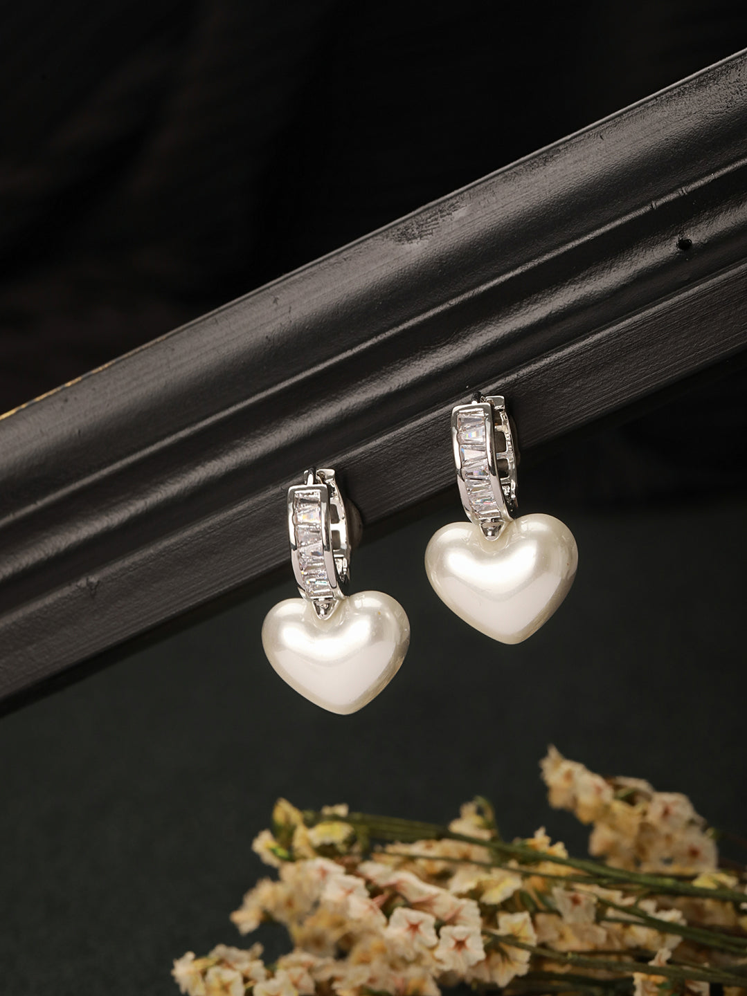Anti-Tarnish Silver Plated Faux Pearl Studded Heart Shaped Small  Minimal Hoop Earrings