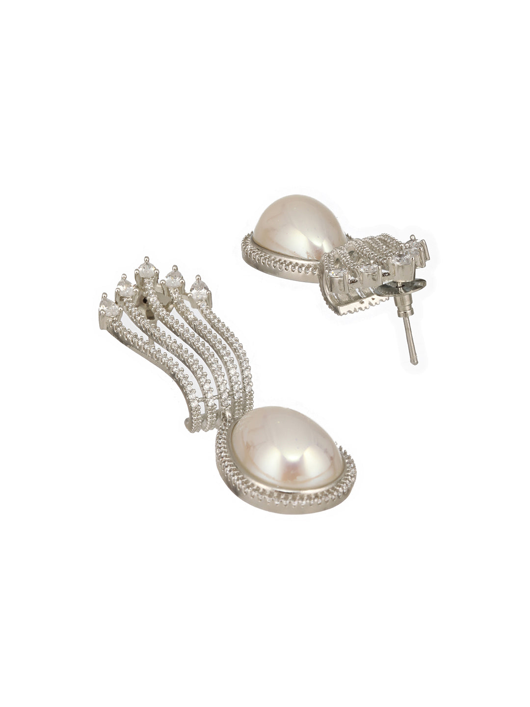 Silver Plated AD Studded  & Pearl Contemporary Hoop Bali  Earrings