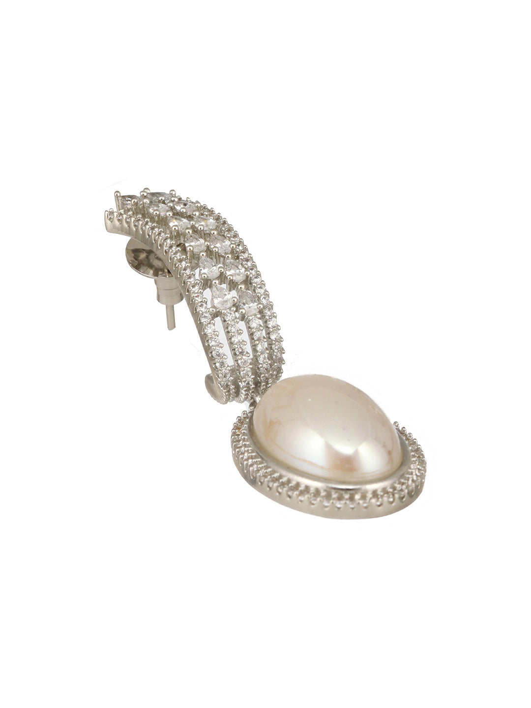 Silver Plated Zircon Studded Pearl Beaded Designer Dangler Hoop  Bali Earrings