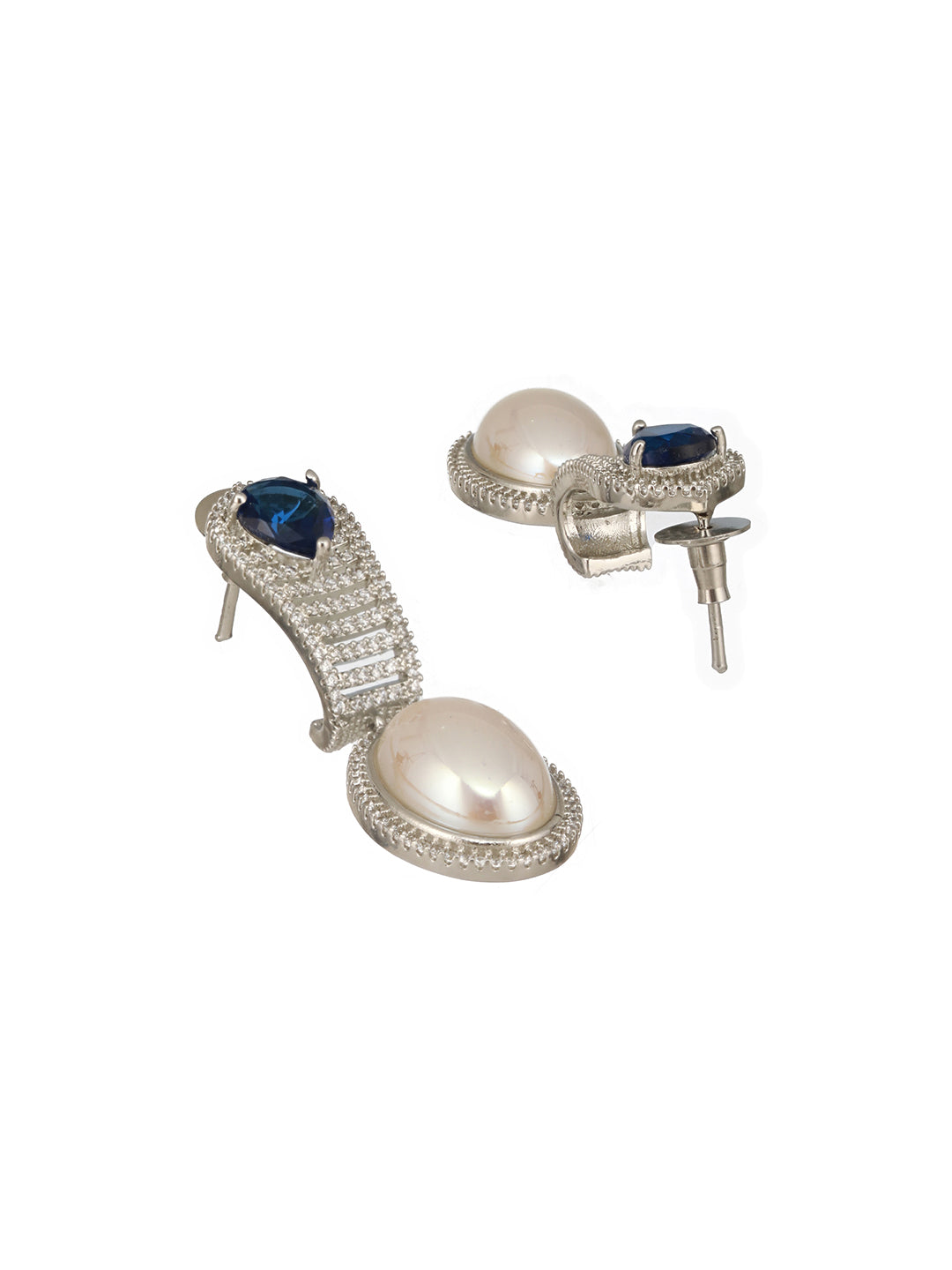 Silver Plated  Blue AD Studded  & Pearl Contemporary Hoop Bali  Earrings