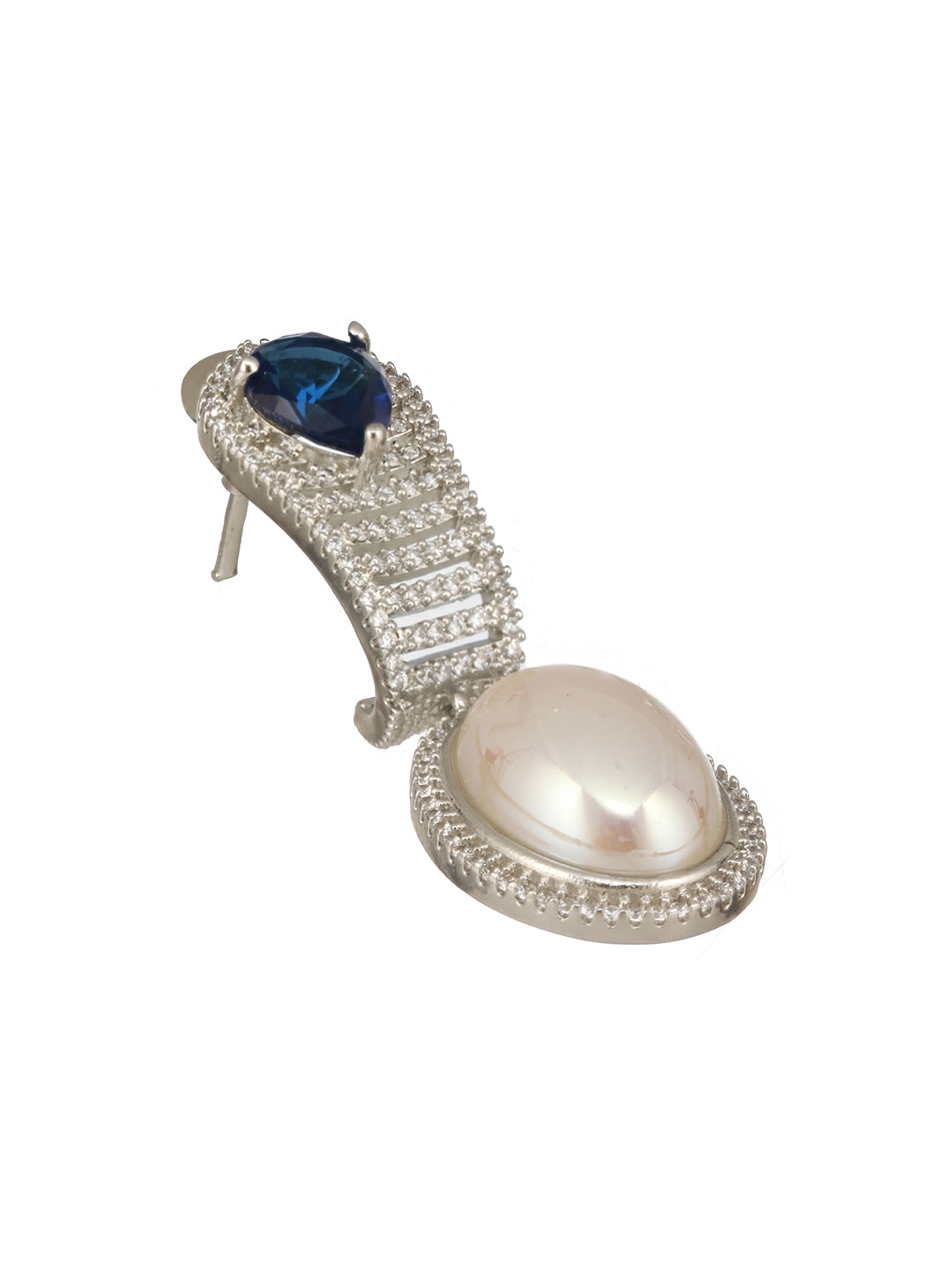 Silver Plated  Blue AD Studded  & Pearl Contemporary Hoop Bali  Earrings