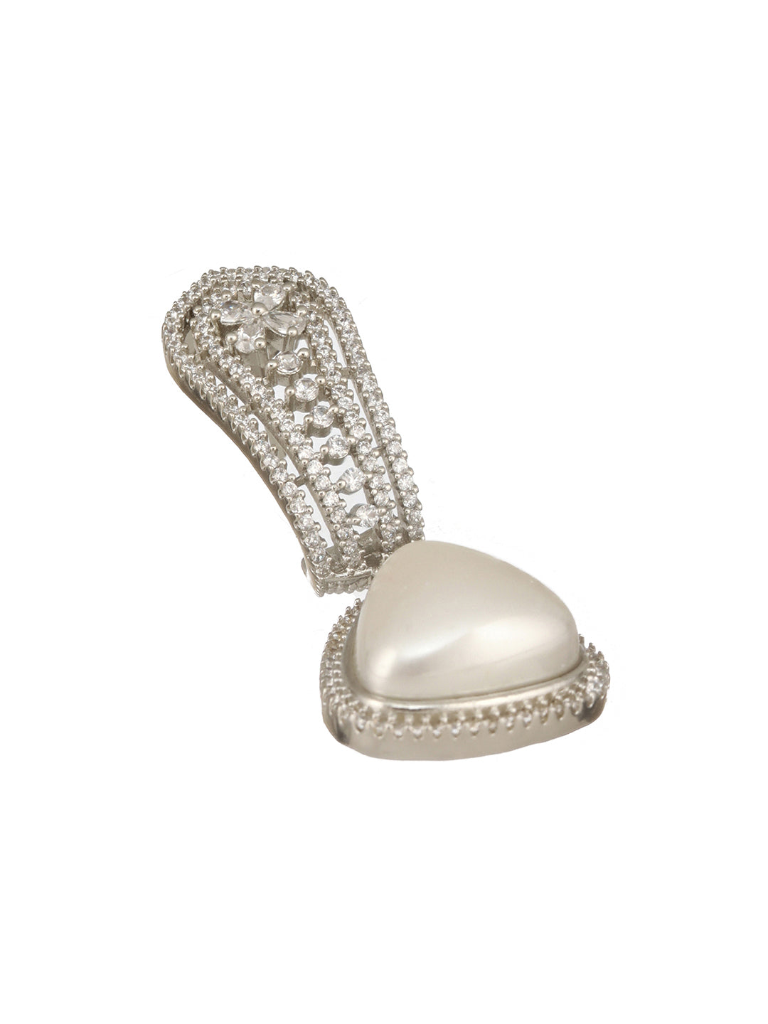 Silver Toned Zircon Studded Triangular Pearl Beaded  Handcrafted Bali Hoop  Earrings