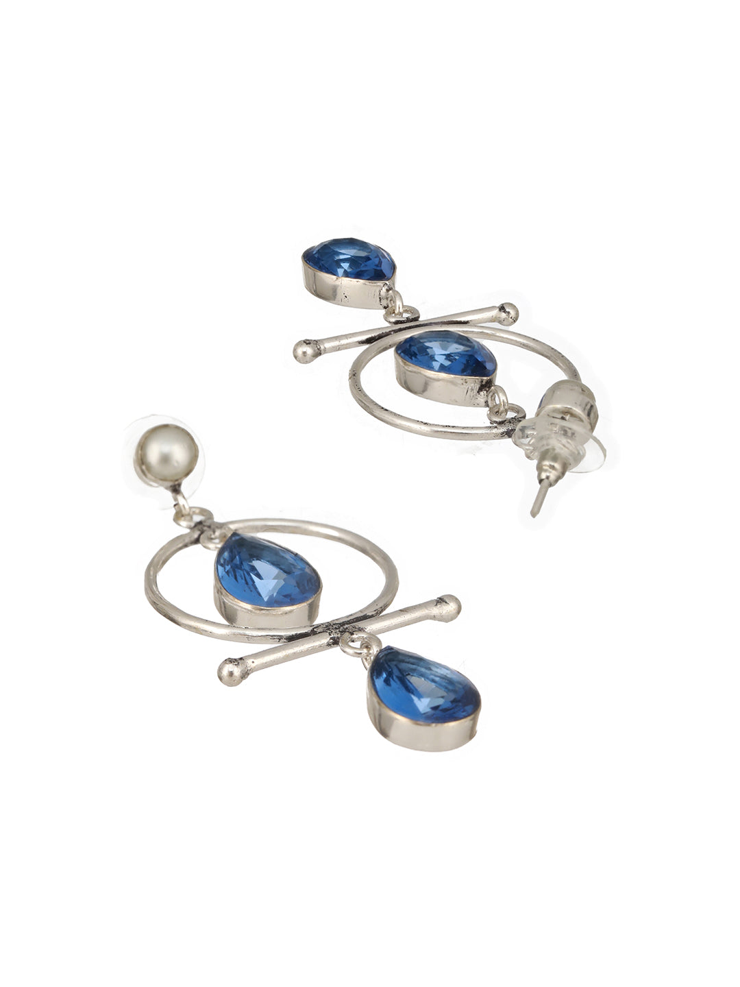 Silver Oxidised Plted Blue Stone AD Minimal  T-Shaped Hoop Earrings