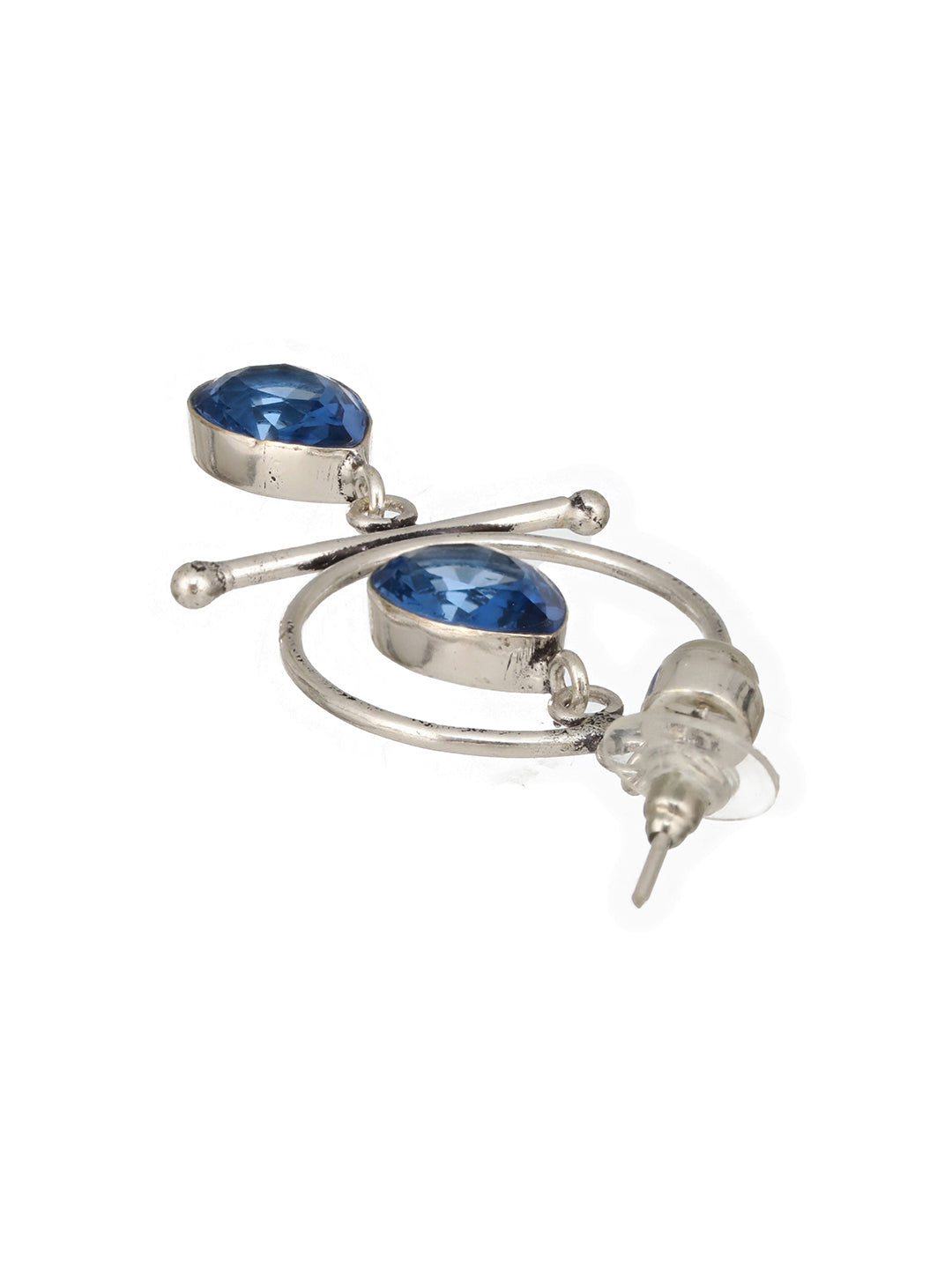 Silver Oxidised Plted Blue Stone AD Minimal  T-Shaped Hoop Earrings