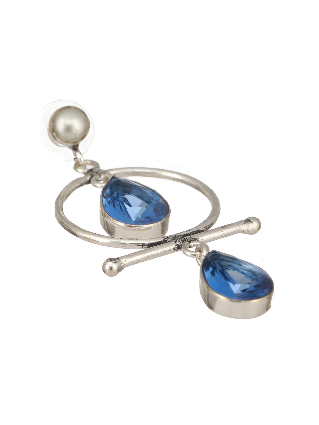 Silver Oxidised Plted Blue Stone AD Minimal  T-Shaped Hoop Earrings