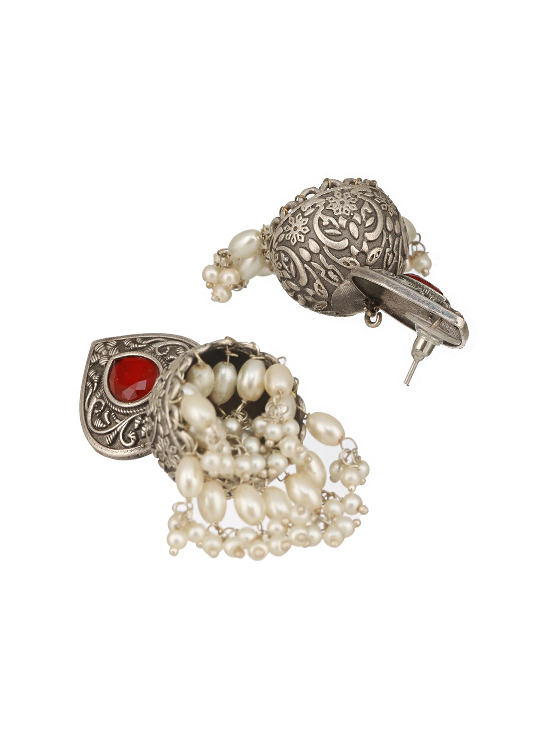 Silver Toned Oxidised Red Ruby AD Studded Handcrafted Contemporary Jhumkas Earrings