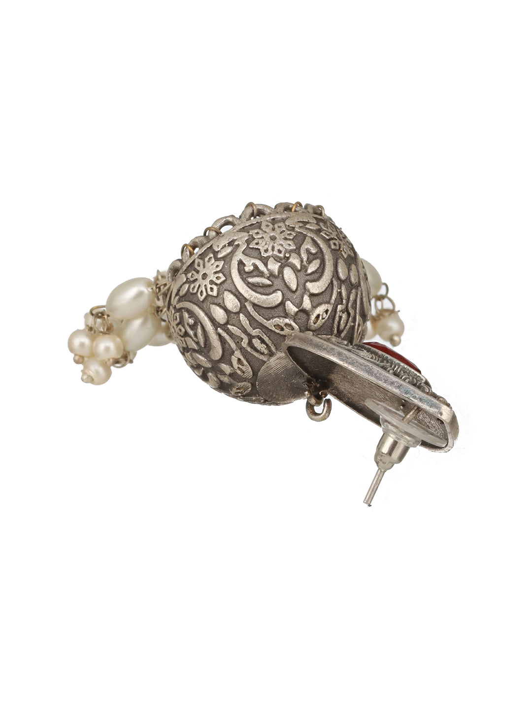 Silver Toned Oxidised Red Ruby AD Studded Handcrafted Contemporary Jhumkas Earrings