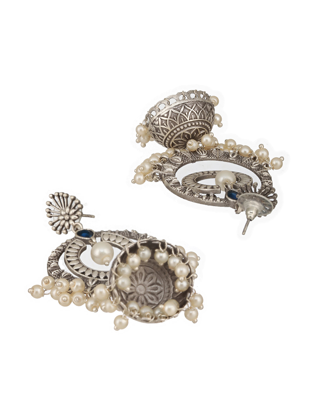 Silver Toned Oxidised Blue AD Studded Handcrafted Contemporary Chandbali Jhumkas Earrings