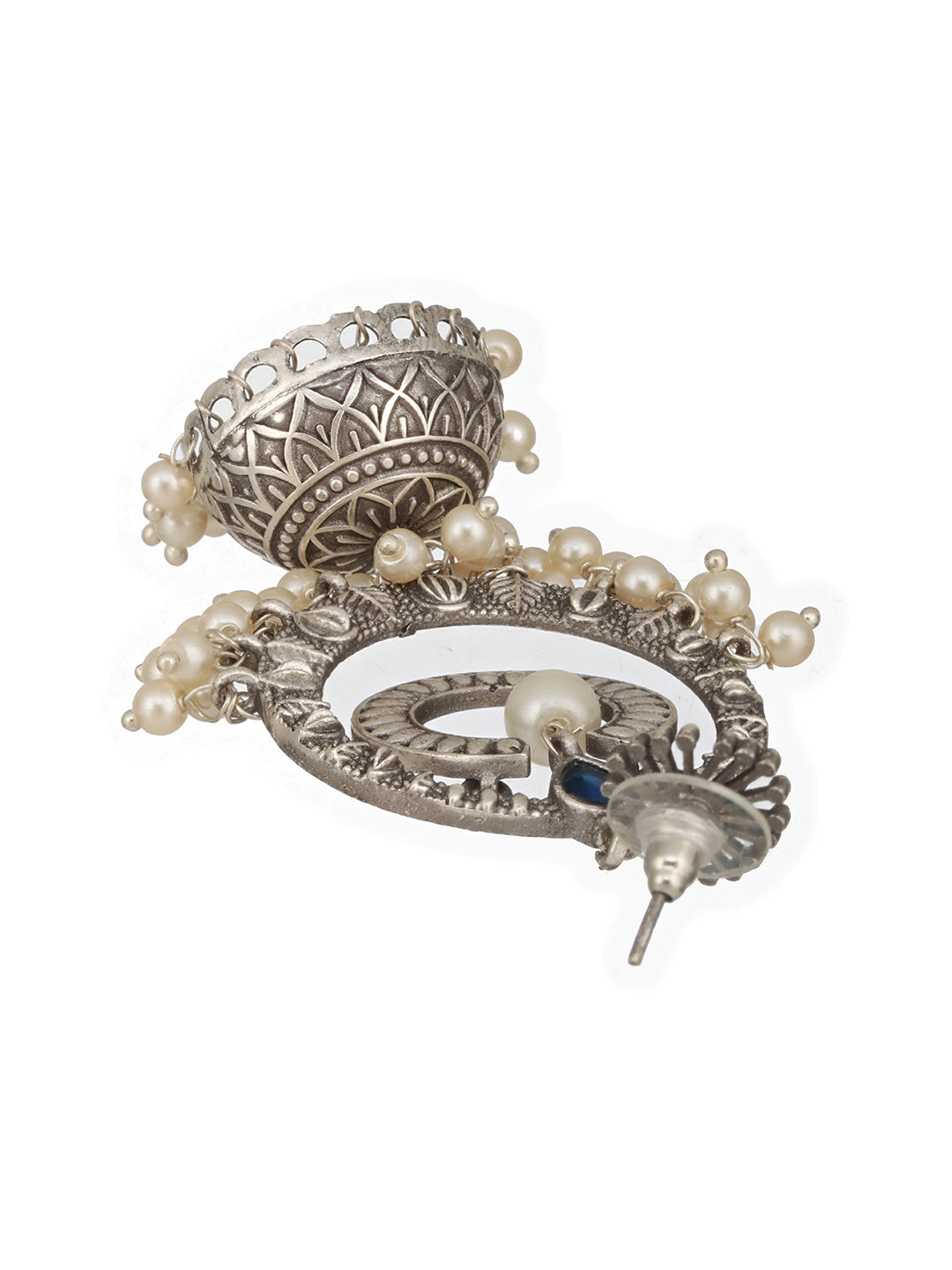 Silver Toned Oxidised Blue AD Studded Handcrafted Contemporary Chandbali Jhumkas Earrings