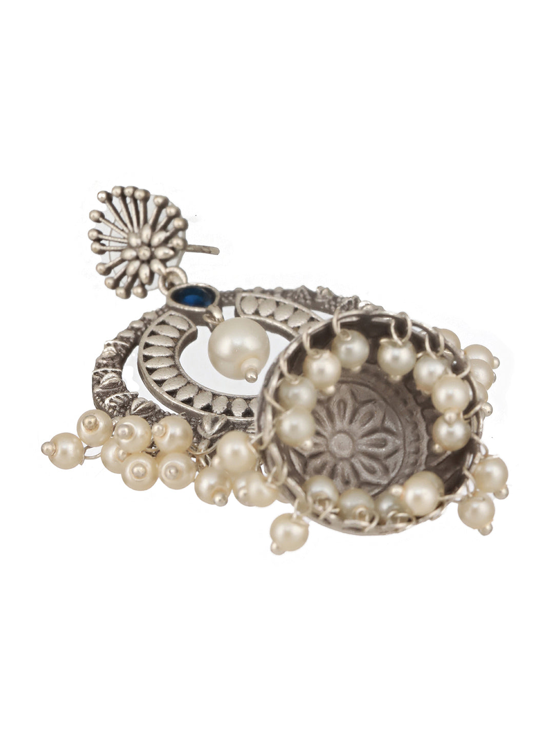 Silver Toned Oxidised Blue AD Studded Handcrafted Contemporary Chandbali Jhumkas Earrings