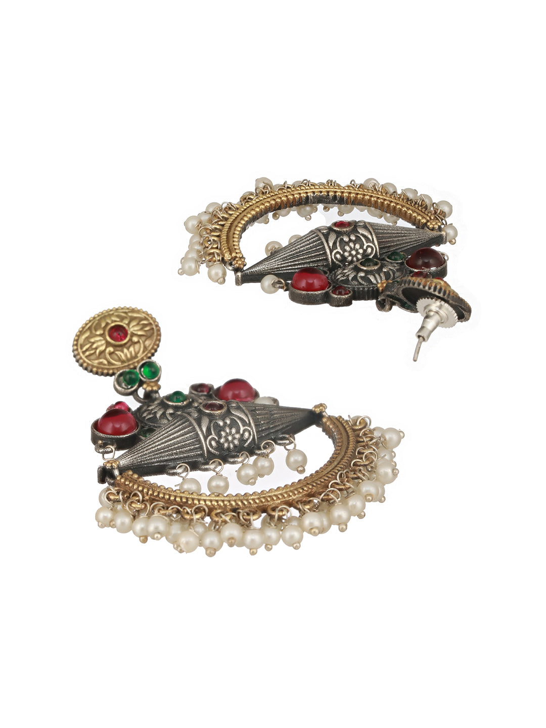 Dual Toned Red Stones Studded & Pearl Beaded Handcrafted Designer Light Weight Chandbali Dangler earrings