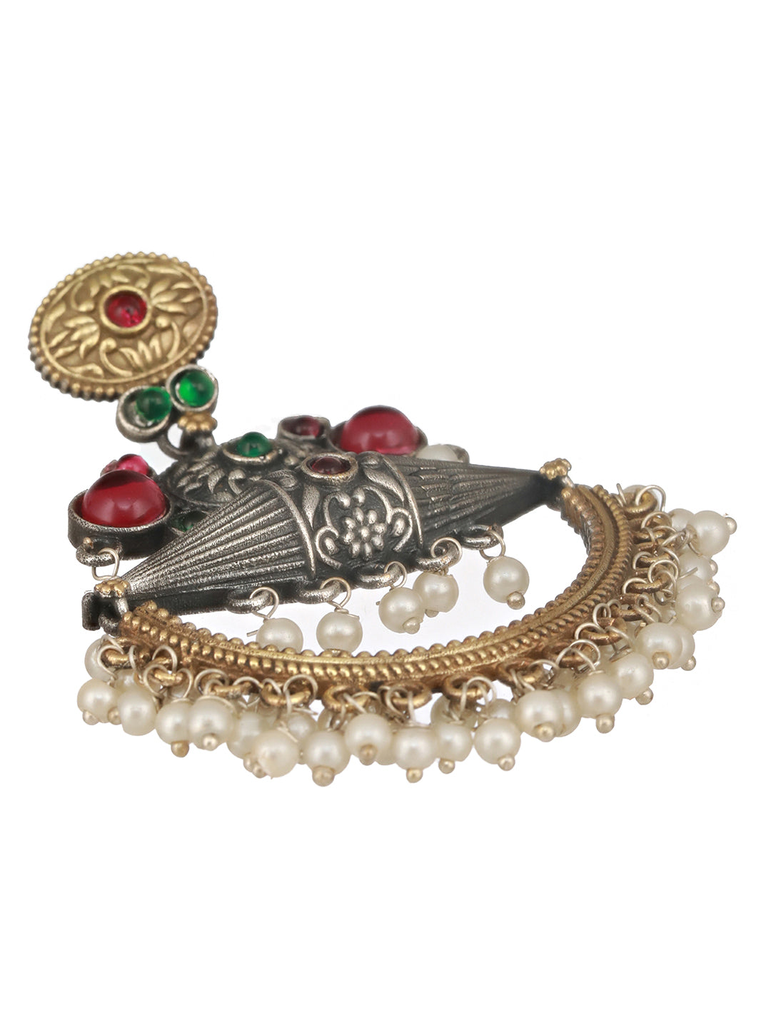 Dual Toned Red Stones Studded & Pearl Beaded Handcrafted Designer Light Weight Chandbali Dangler earrings