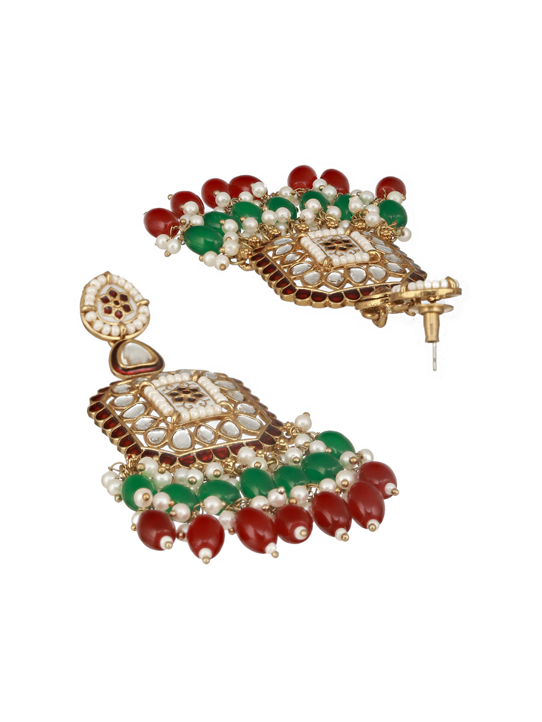 Gold Toned Red  Kundan & Green Pearl Beaded Geometric Designer Dangler Chandbali earrings