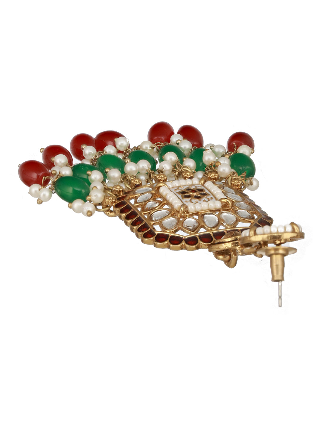 Gold Toned Red  Kundan & Green Pearl Beaded Geometric Designer Dangler Chandbali earrings