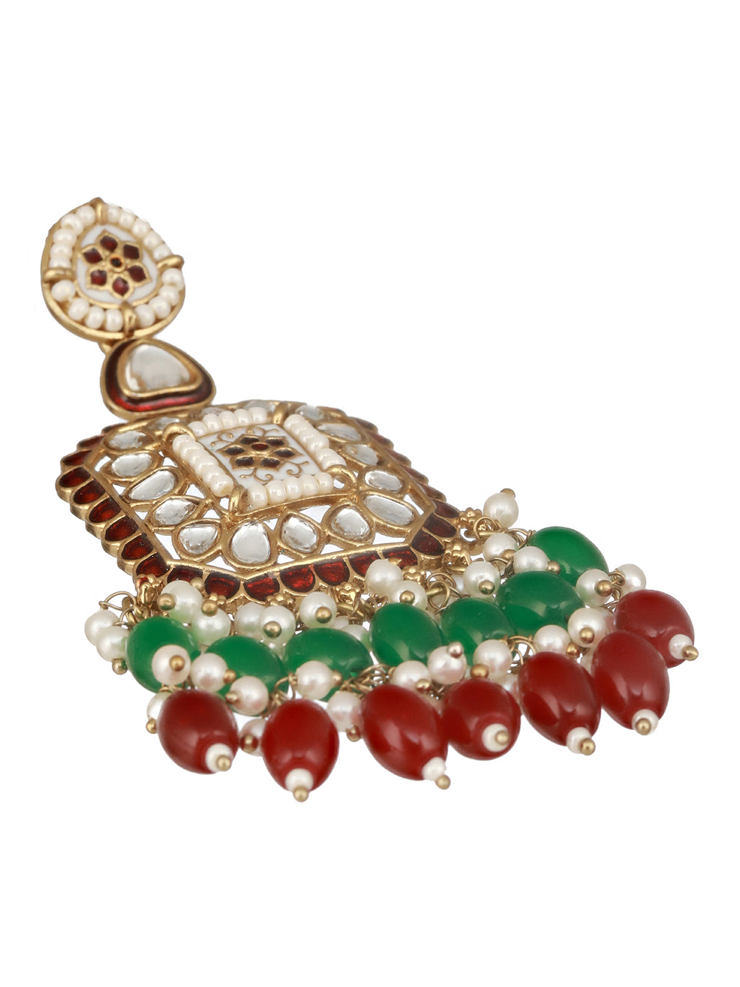 Gold Toned Red  Kundan & Green Pearl Beaded Geometric Designer Dangler Chandbali earrings