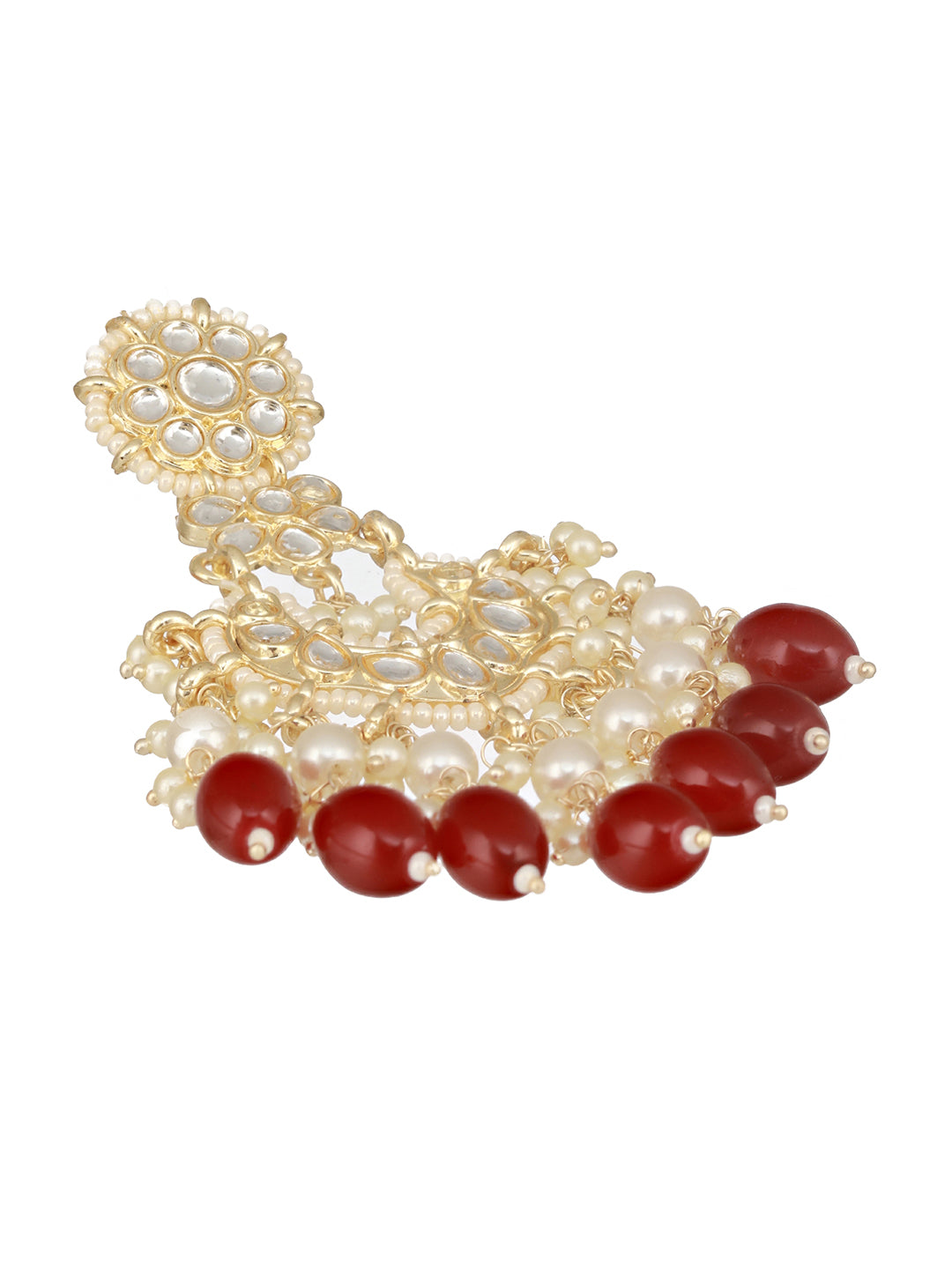 Gold Toned Kundan &  Maroon Pearl Beaded Delicate Floral Chandbali Earrings