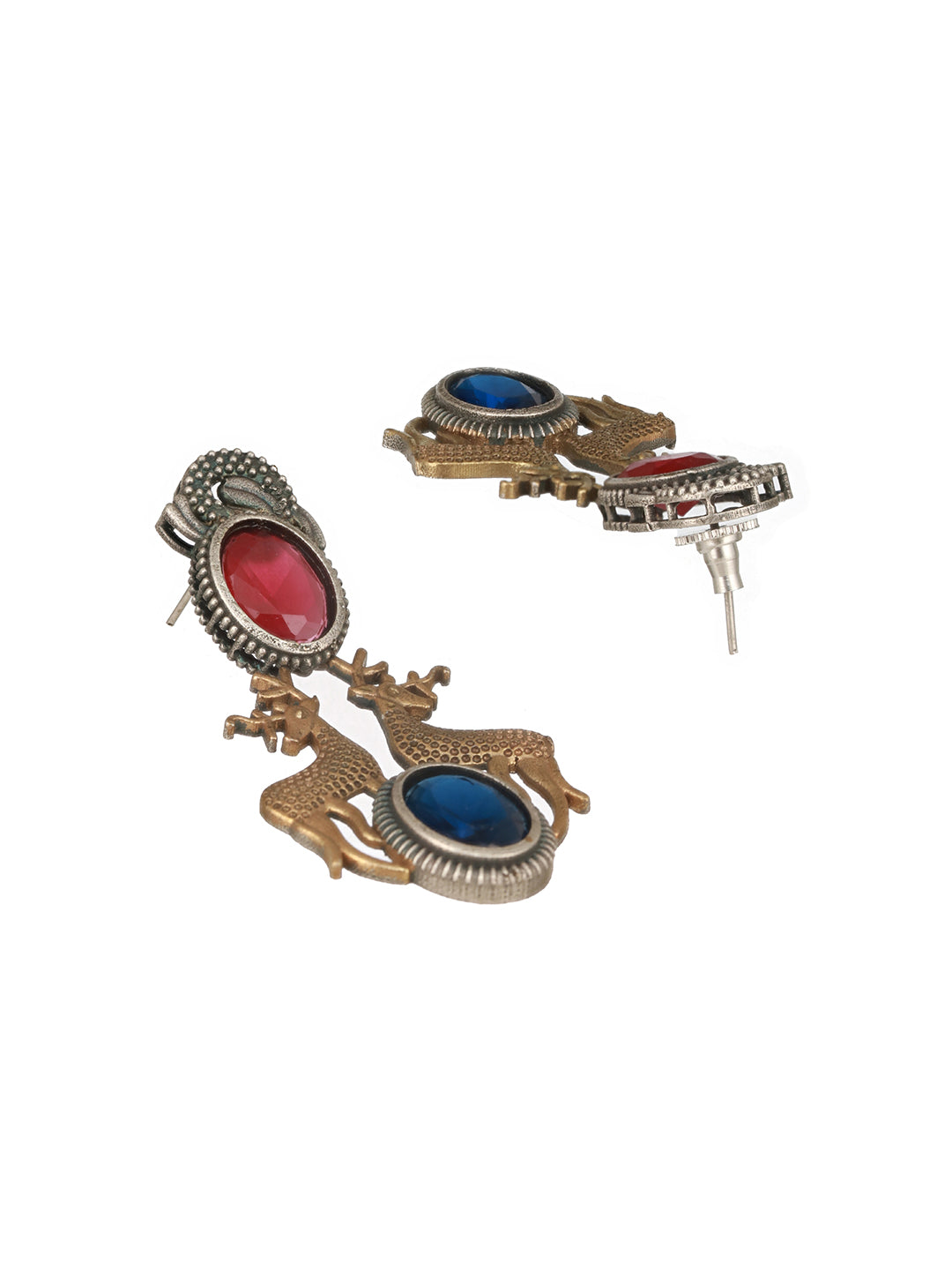 Dual Toned  Oxidised  Red Stone Studded Brass Handcrafted Deer Motif Intricate Designer Jewellery Set