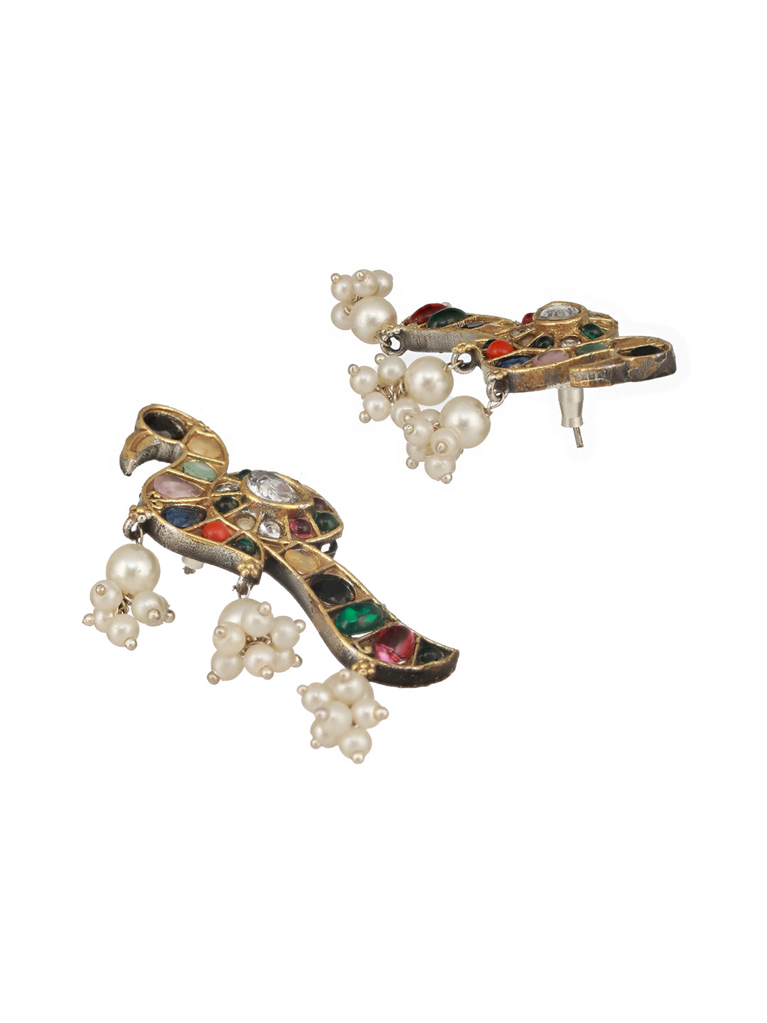 Dual Tone Oxidised Nav Ratan Stone Studded Pearl Beaded Bird Motif Designer