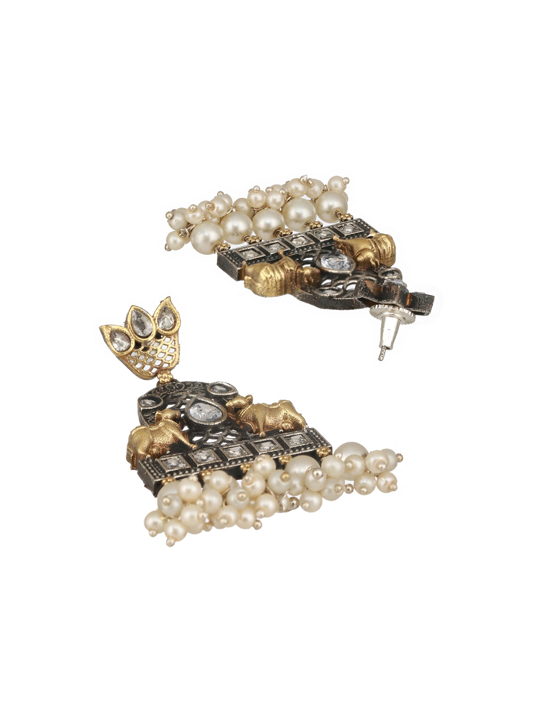 Dual Toned  Oxidised Silver Lookalike  Pearl Beaded Hasli Deer Motif Designer Jewellery Set