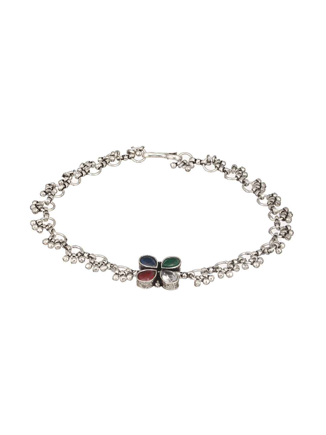 Silver Plated Multicoloured Stone Studded Delicate Floral Payal Anklet