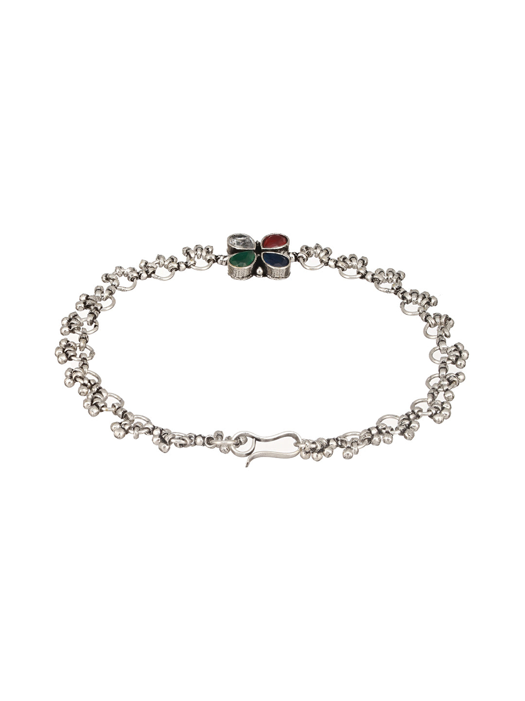 Silver Plated Multicoloured Stone Studded Delicate Floral Payal Anklet