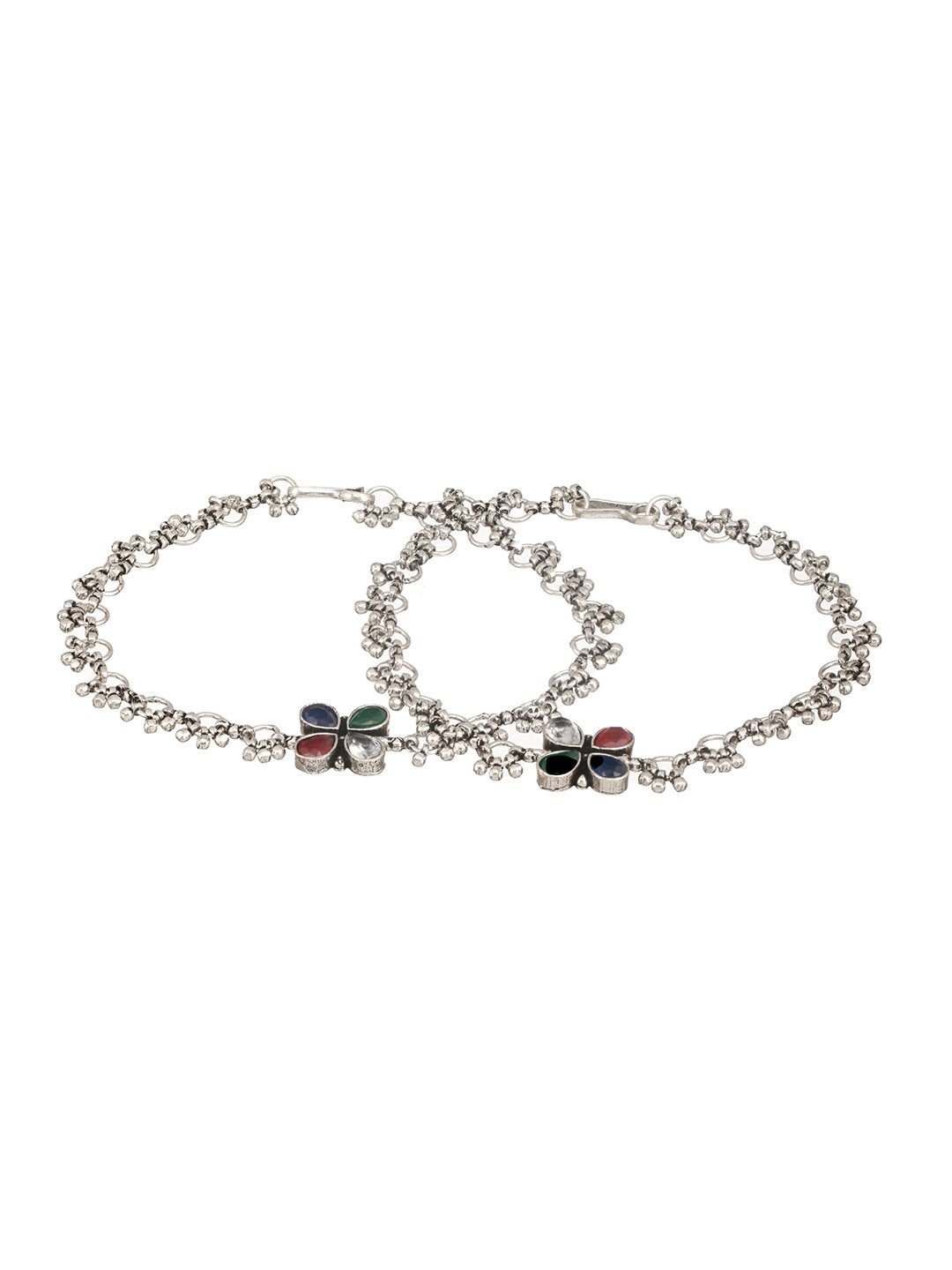 Silver Plated Multicoloured Stone Studded Delicate Floral Payal Anklet