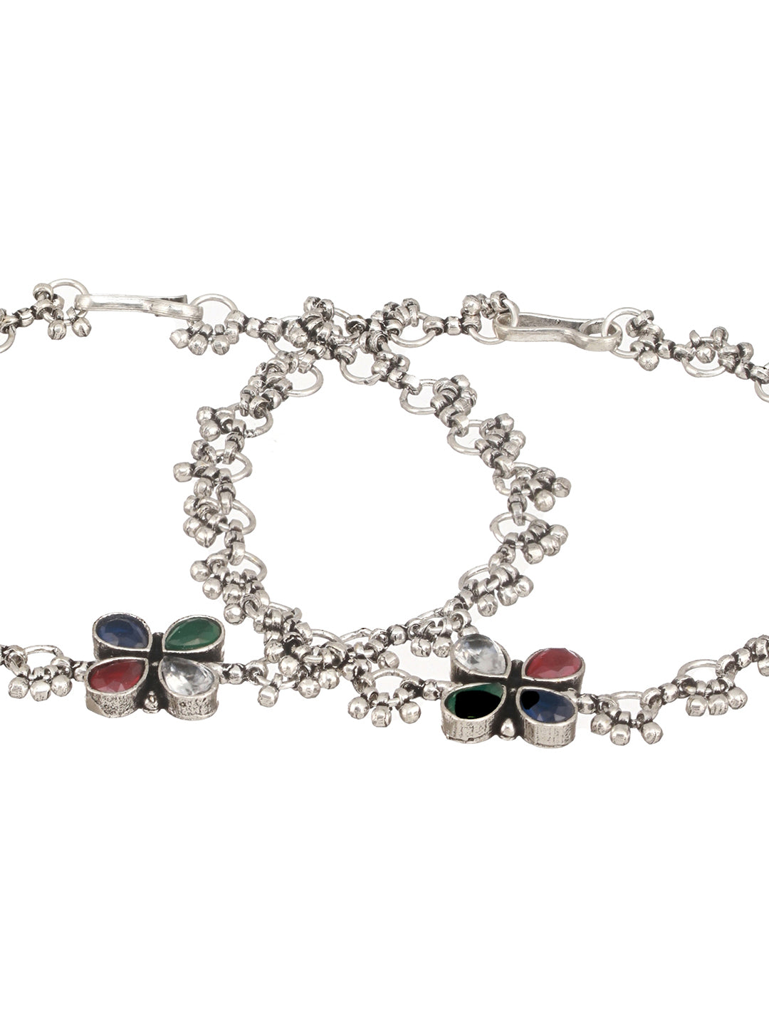 Silver Plated Multicoloured Stone Studded Delicate Floral Payal Anklet