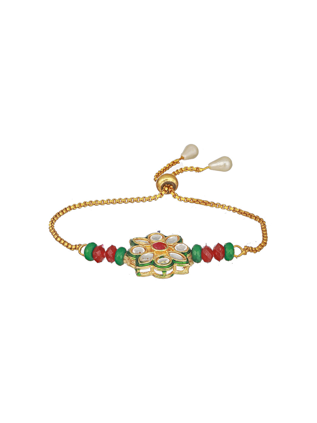 Set Of 2 Floral Green Kundan & Meenakari  Couple Bracelet Rakhi Set For Bhaiya & Bhabhi With Roli Tilak