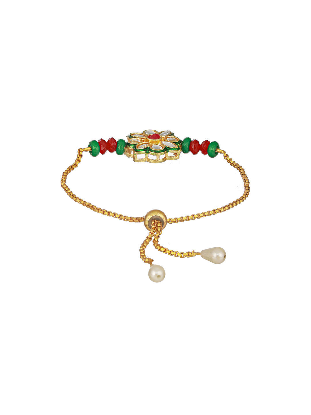 Set Of 2 Floral Green Kundan & Meenakari  Couple Bracelet Rakhi Set For Bhaiya & Bhabhi With Roli Tilak