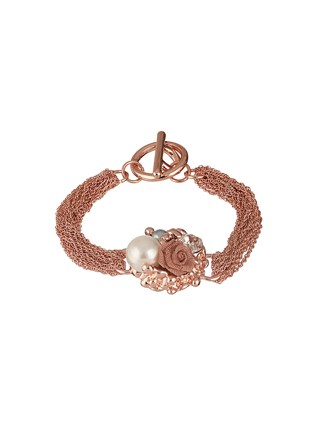 Anti-tarnish Rose Gold Plated Multi Chain Wraparound Rose Flower Broach Bracelet