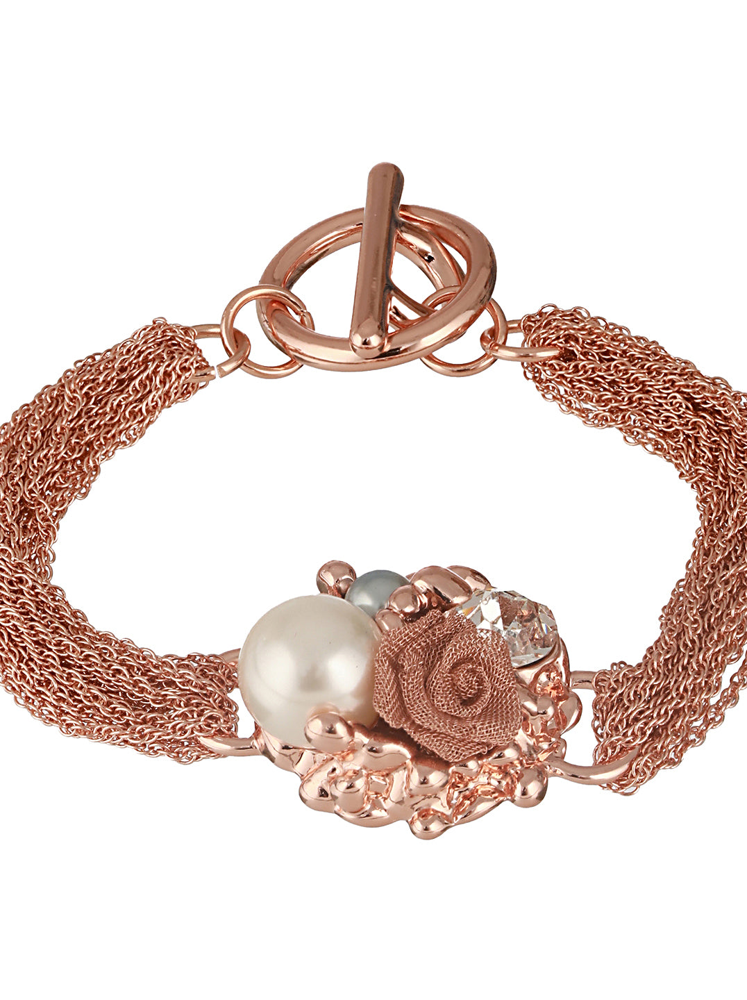 Anti-tarnish Rose Gold Plated Multi Chain Wraparound Rose Flower Broach Bracelet