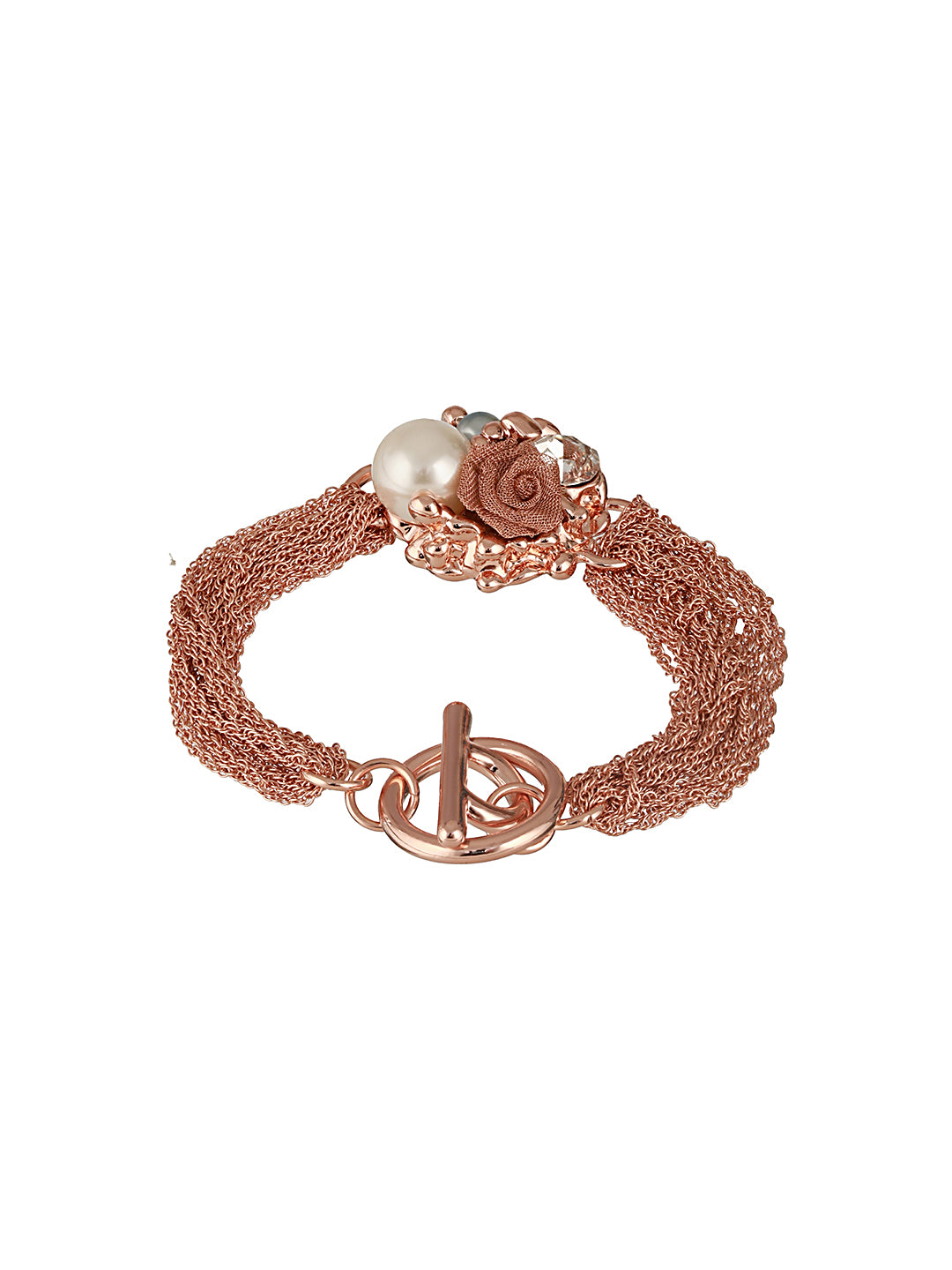 Anti-tarnish Rose Gold Plated Multi Chain Wraparound Rose Flower Broach Bracelet