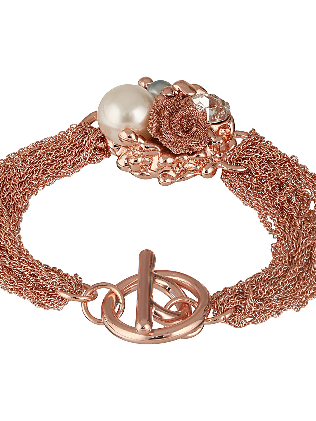 Anti-tarnish Rose Gold Plated Multi Chain Wraparound Rose Flower Broach Bracelet