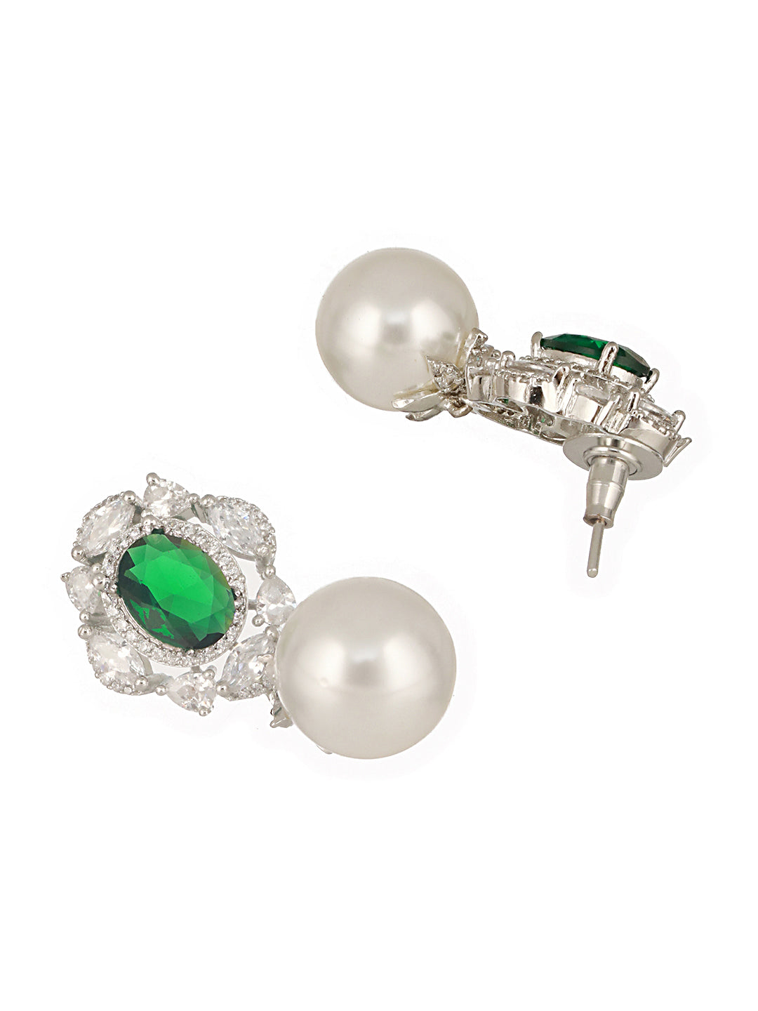 Silver Plated Emerald Green AD Studded Pearl Beaded  Luxe Studds  Earring