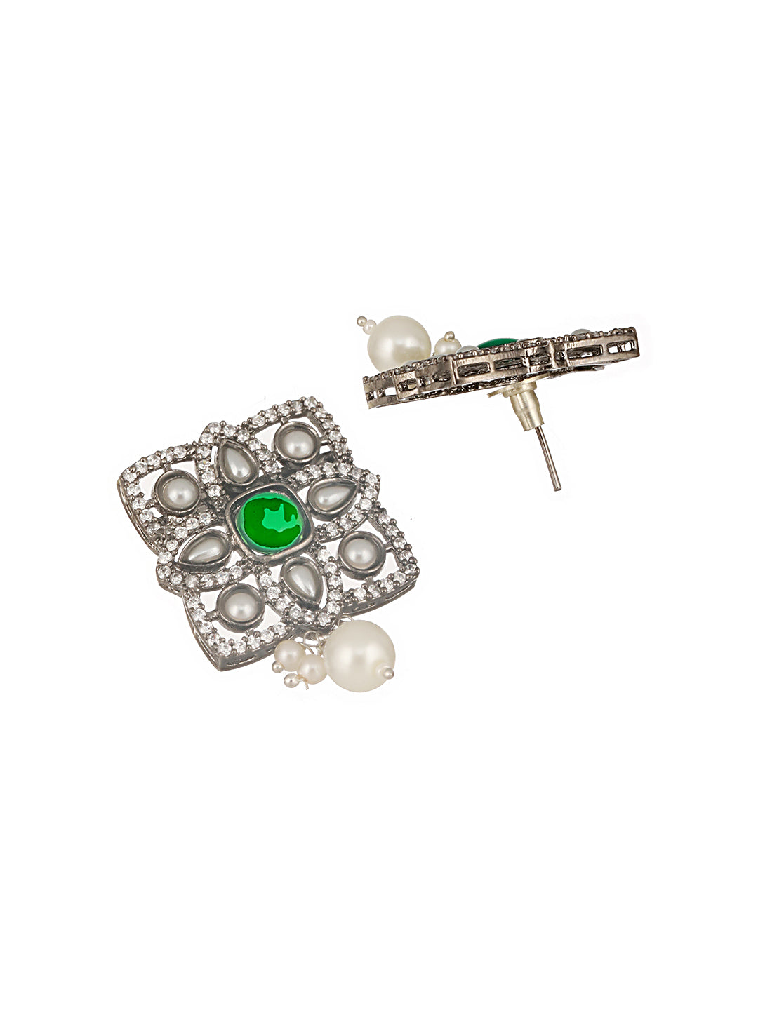 Silver Oxidised Victorian AD Studded Pearl Beaded Luxe Choker Jewellery Set