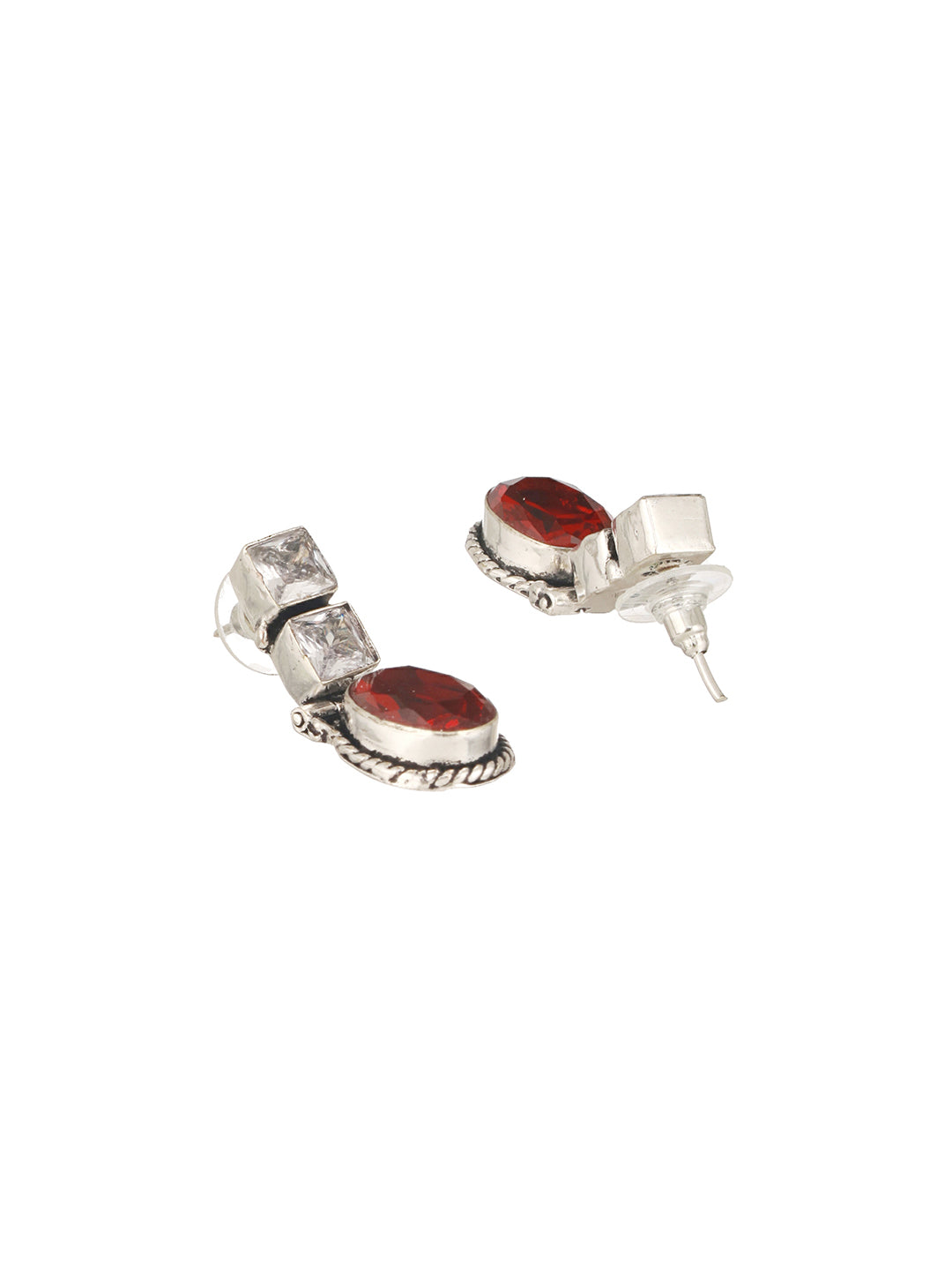 Oxidised Silver Toned Red Stone Studded Minimal Drop Earrings