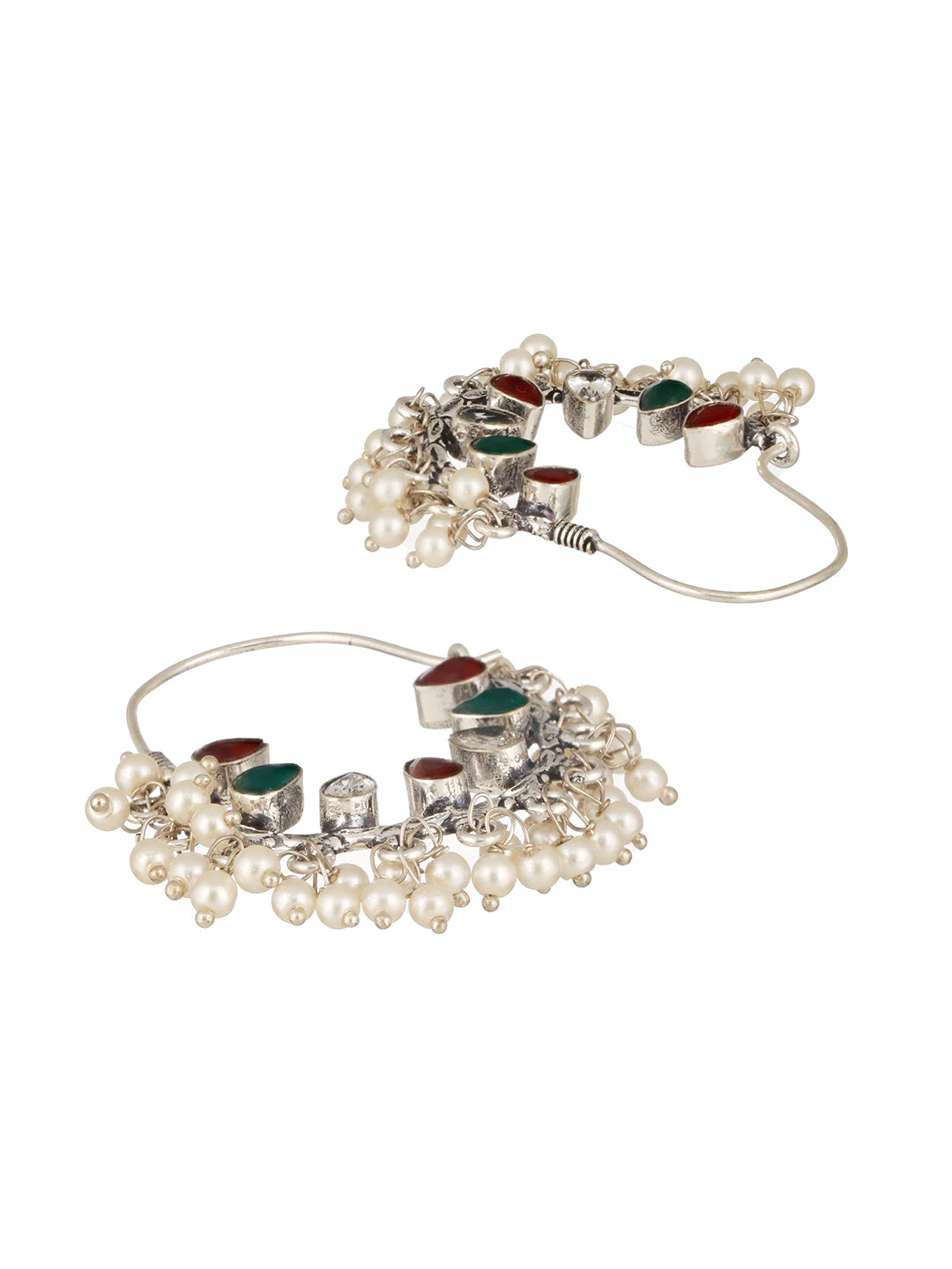 Silver Oxidised Red & Green   Stone & Pearl Beaded Handcrafted  Chandbali Dangler Earrings.