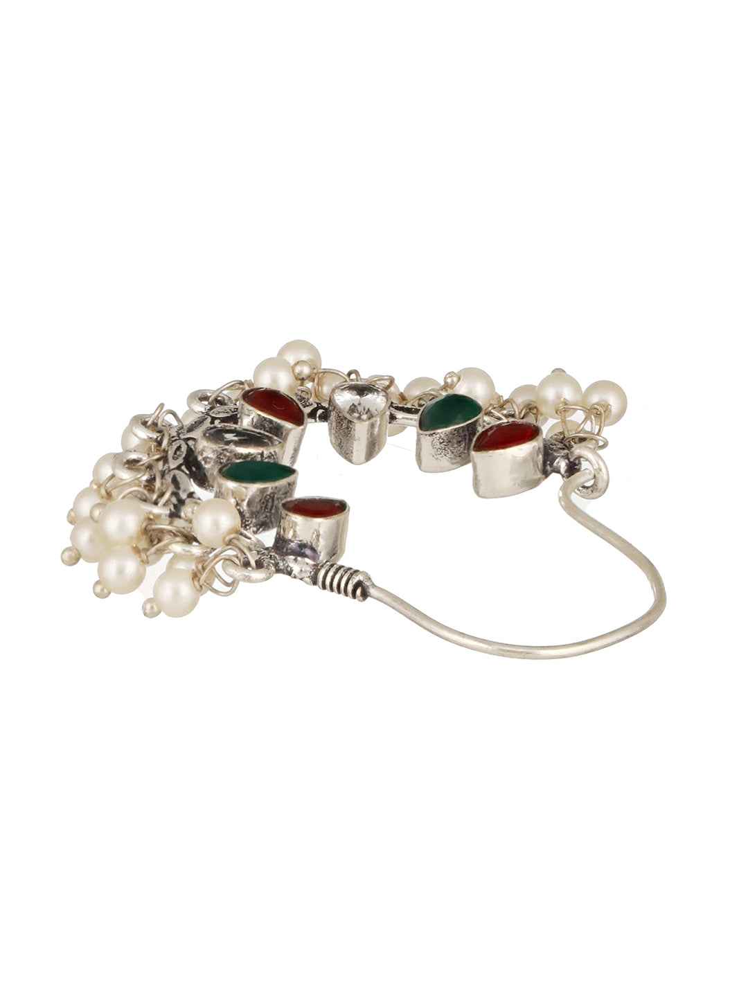 Silver Oxidised Red & Green   Stone & Pearl Beaded Handcrafted  Chandbali Dangler Earrings.