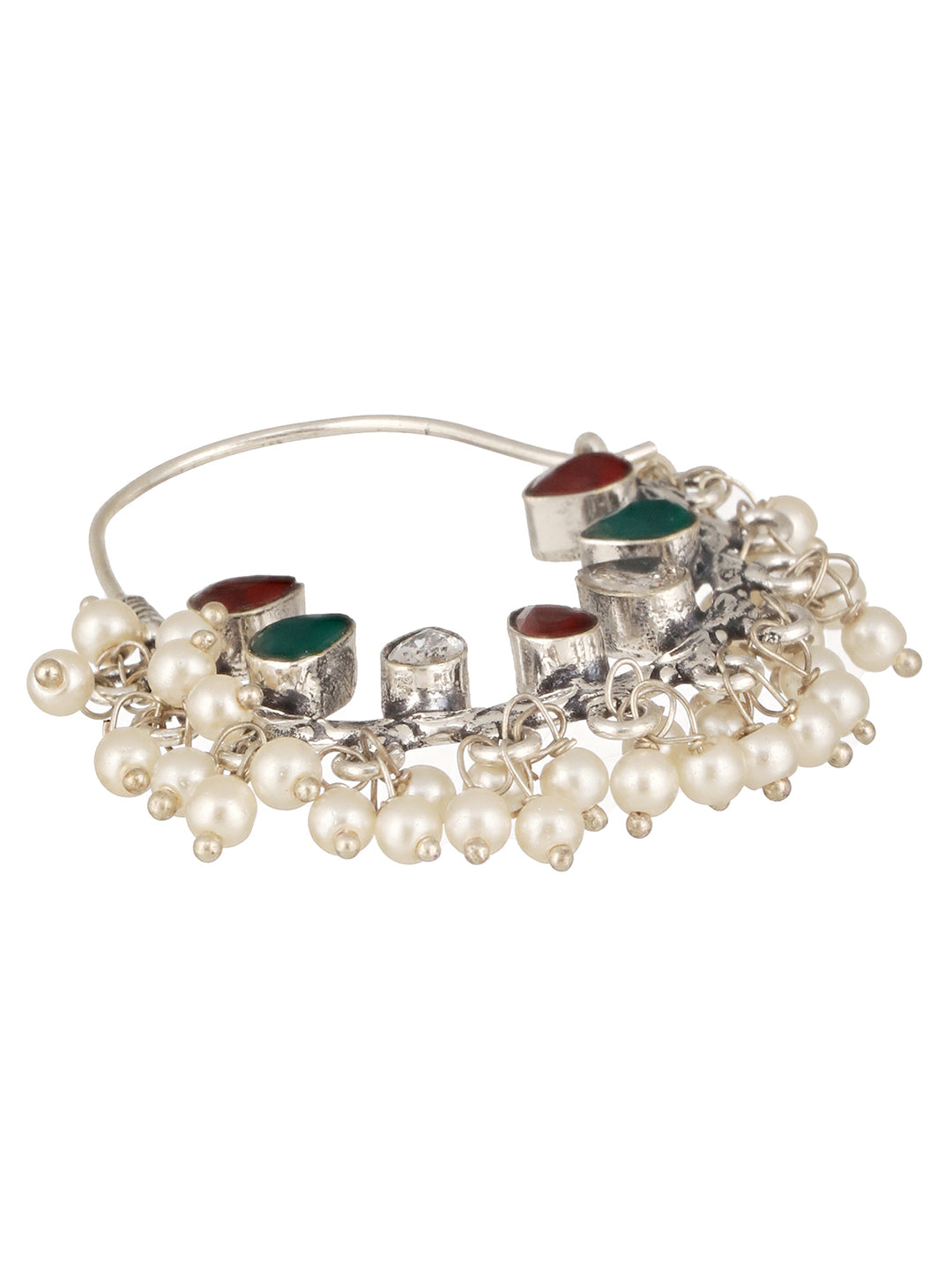 Silver Oxidised Red & Green   Stone & Pearl Beaded Handcrafted  Chandbali Dangler Earrings.