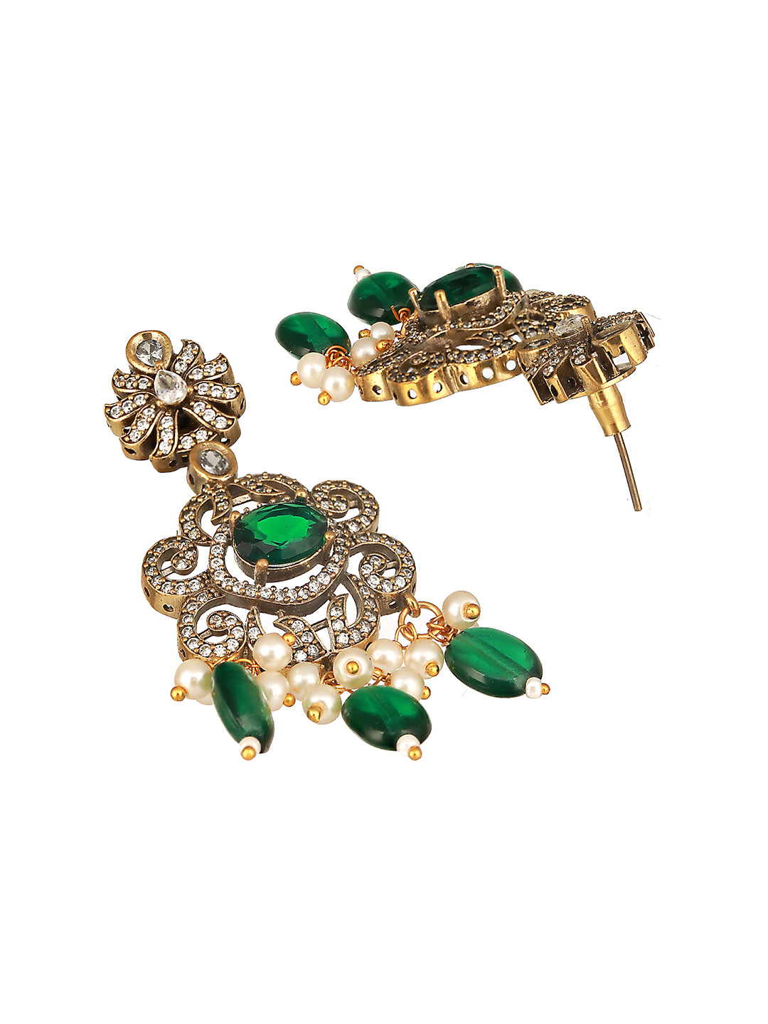 Gold-Plated Green Uncut Polki & Faux Pearl Beaded Long Jewellery Set