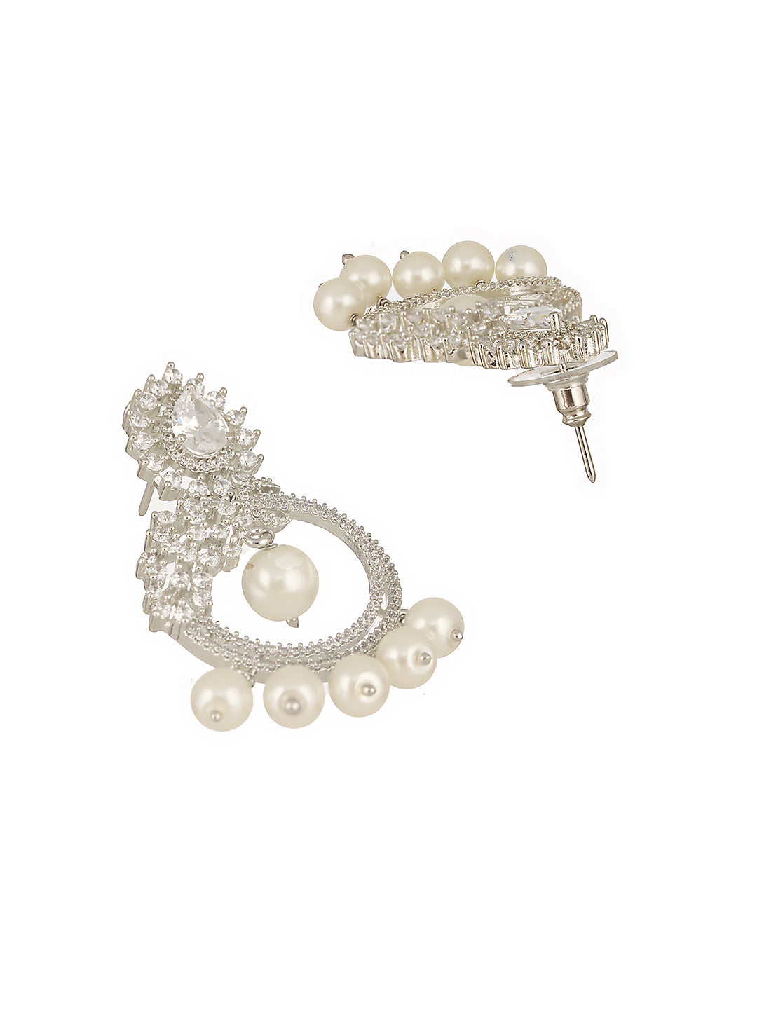 Silver Toned AD & Faux Pearl Studded Designer Chandelier Chandbali Dropdown Earrings