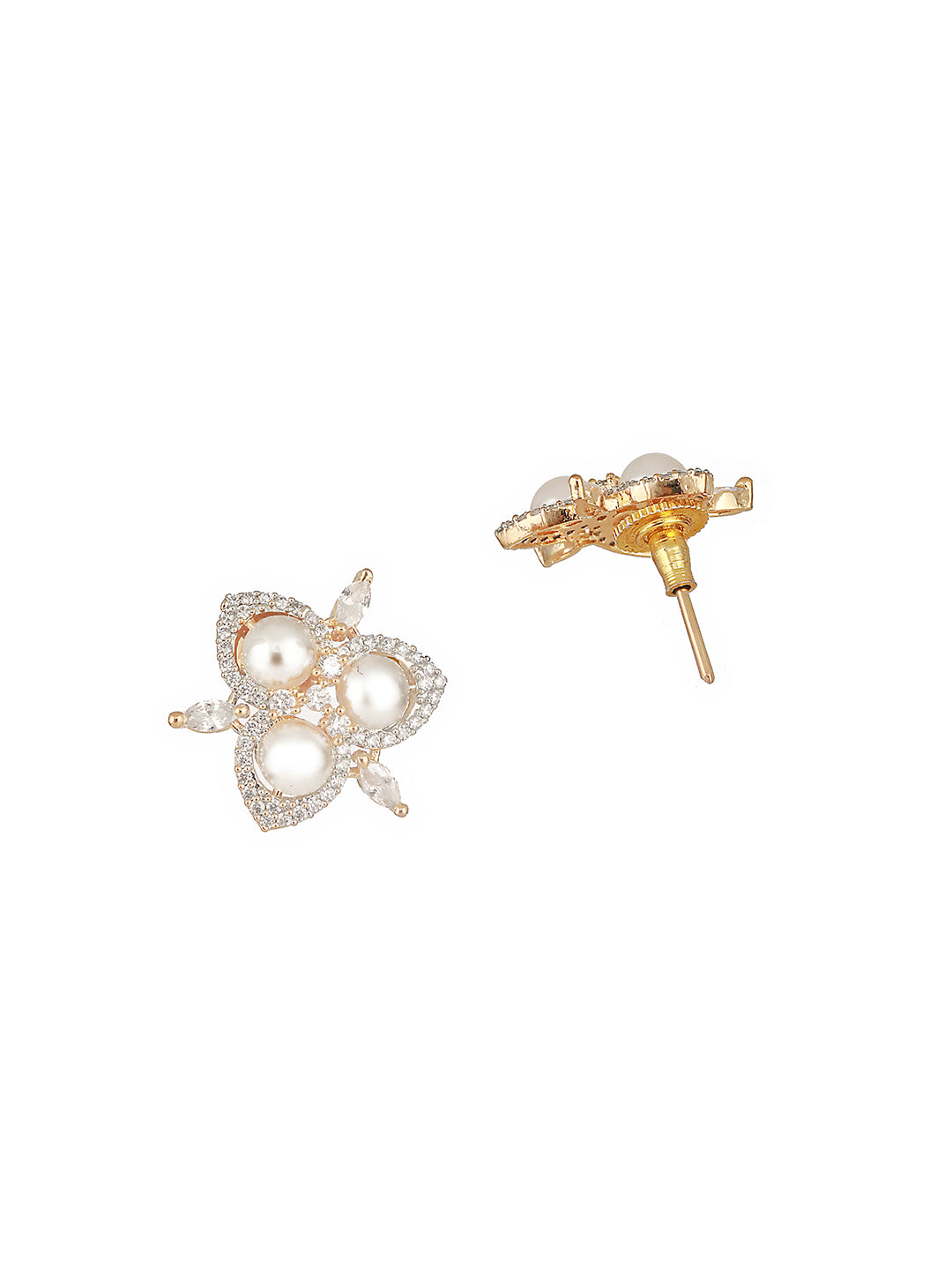 Dual Gold Toned AD  & Pearl Studded Flower Delicate Studds Earrings