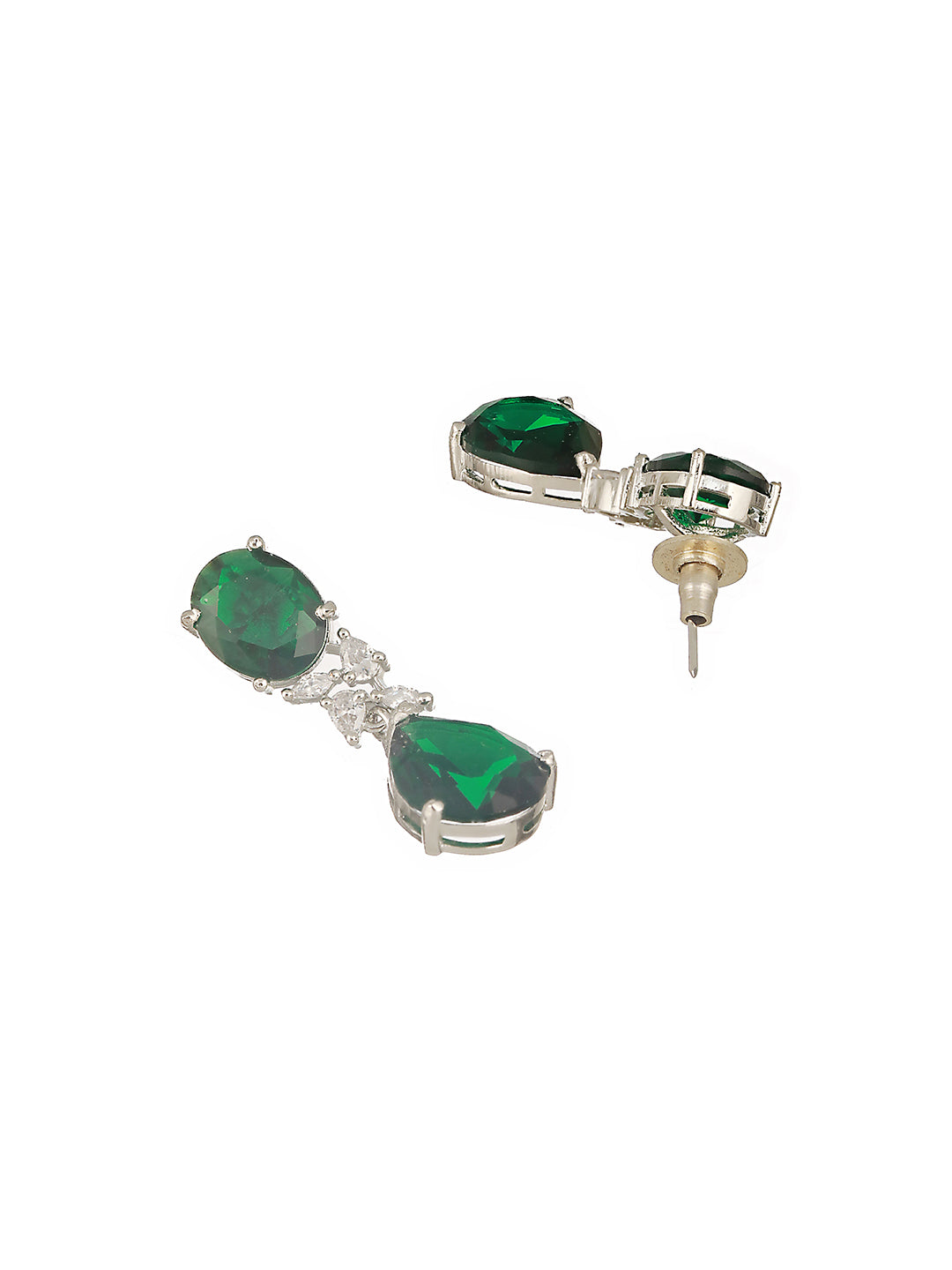 Silver Toned Emarald Green Studded Luxe  Statement Drop Earrings