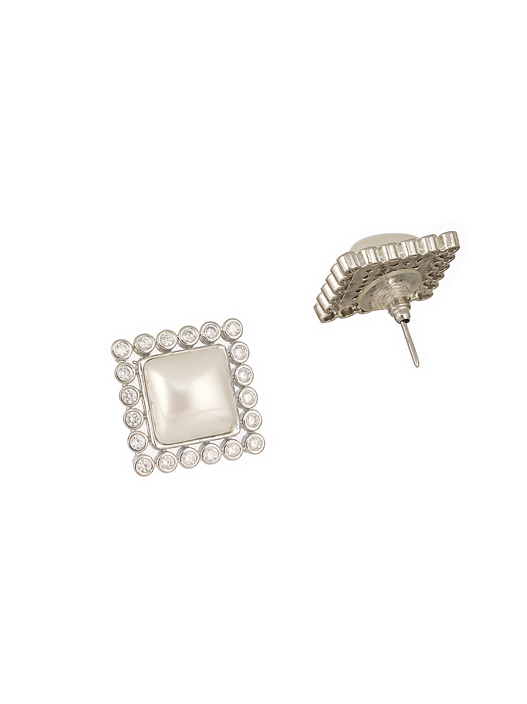 Silver Plated Faux Pearl Studded Square Statement Studds Earrings